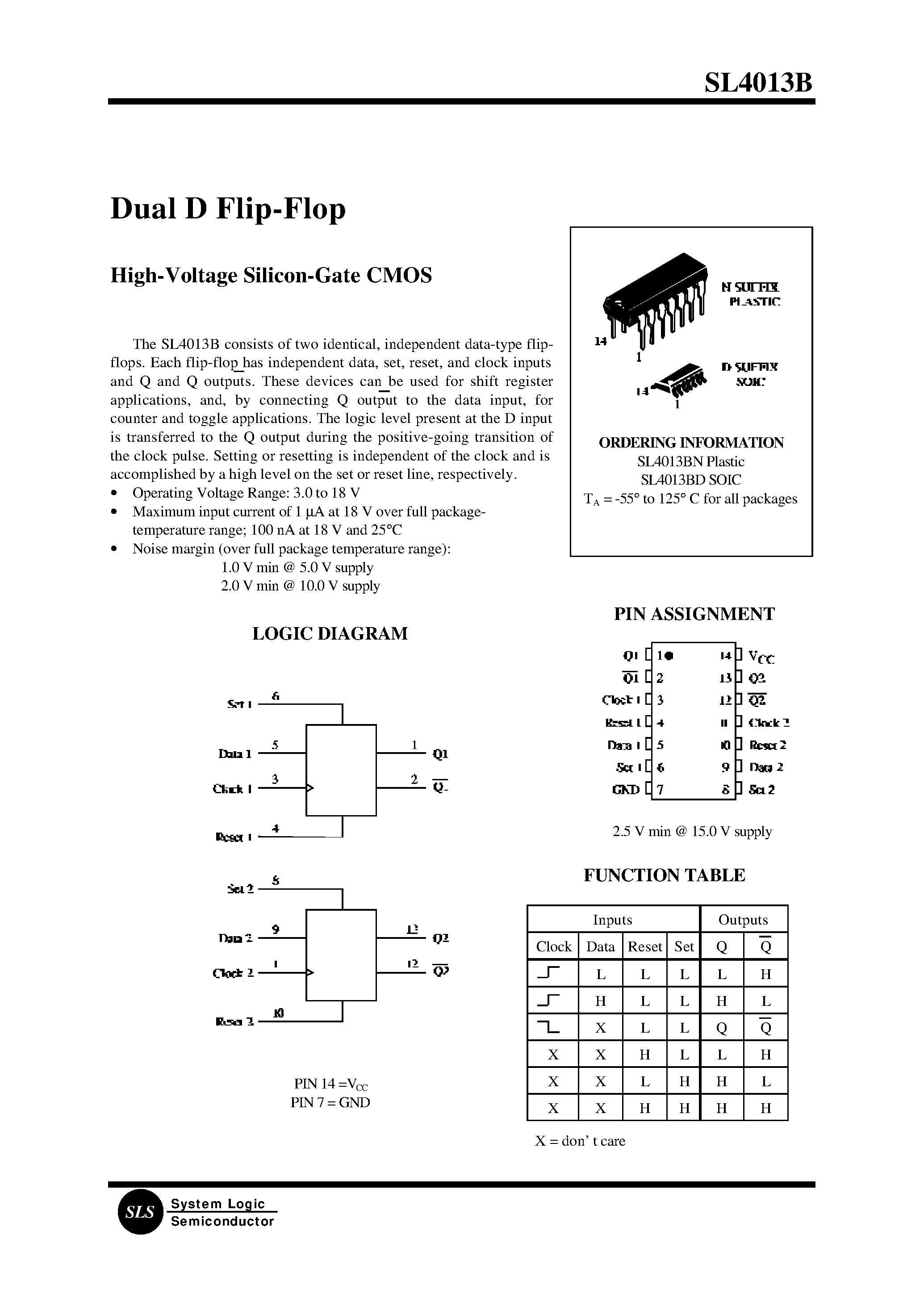 Даташит SL4013BN - Dual D Flip-Flop страница 1