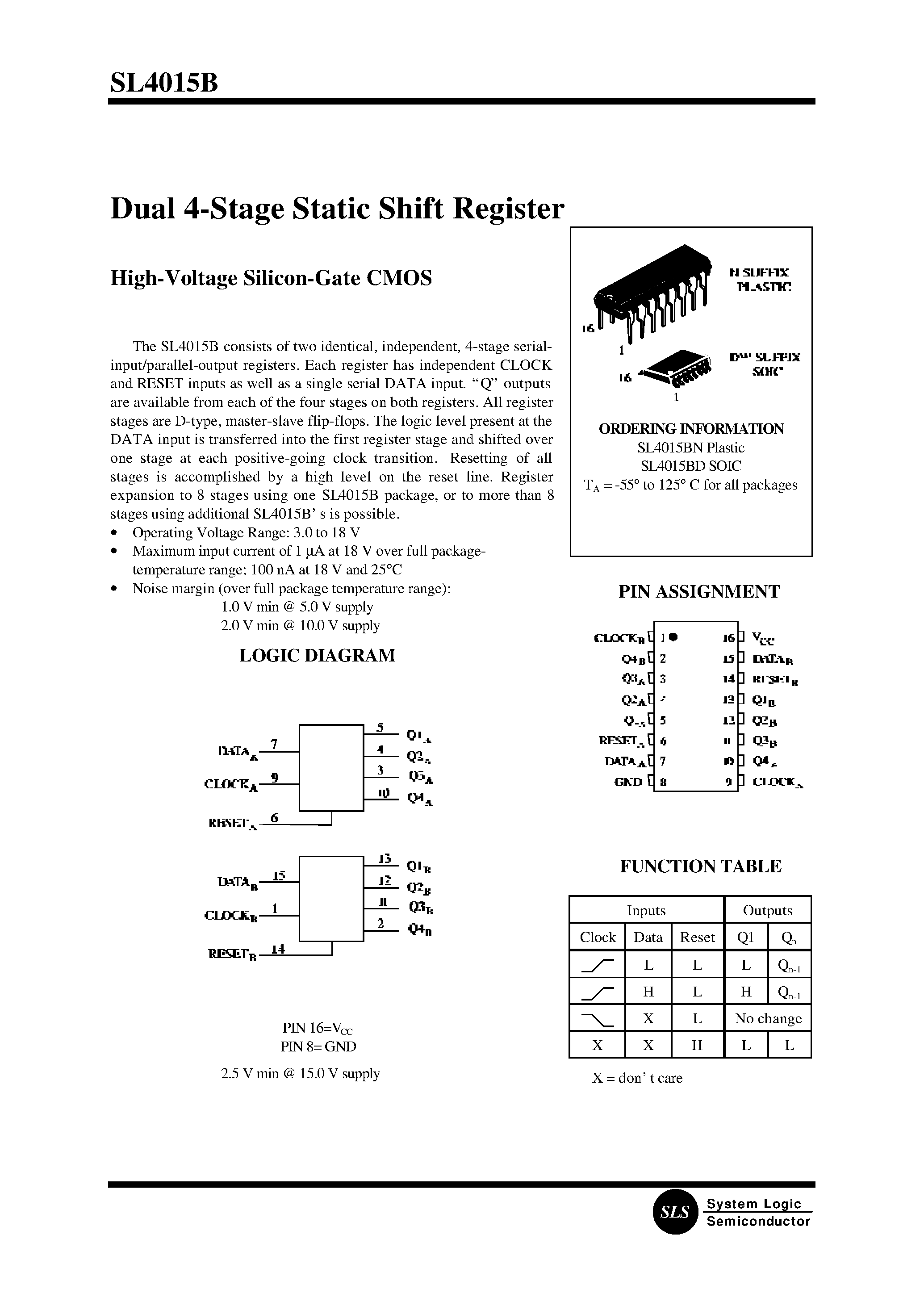Datasheet SL4015B - Dual 4-Stage Static Shift Register page 1