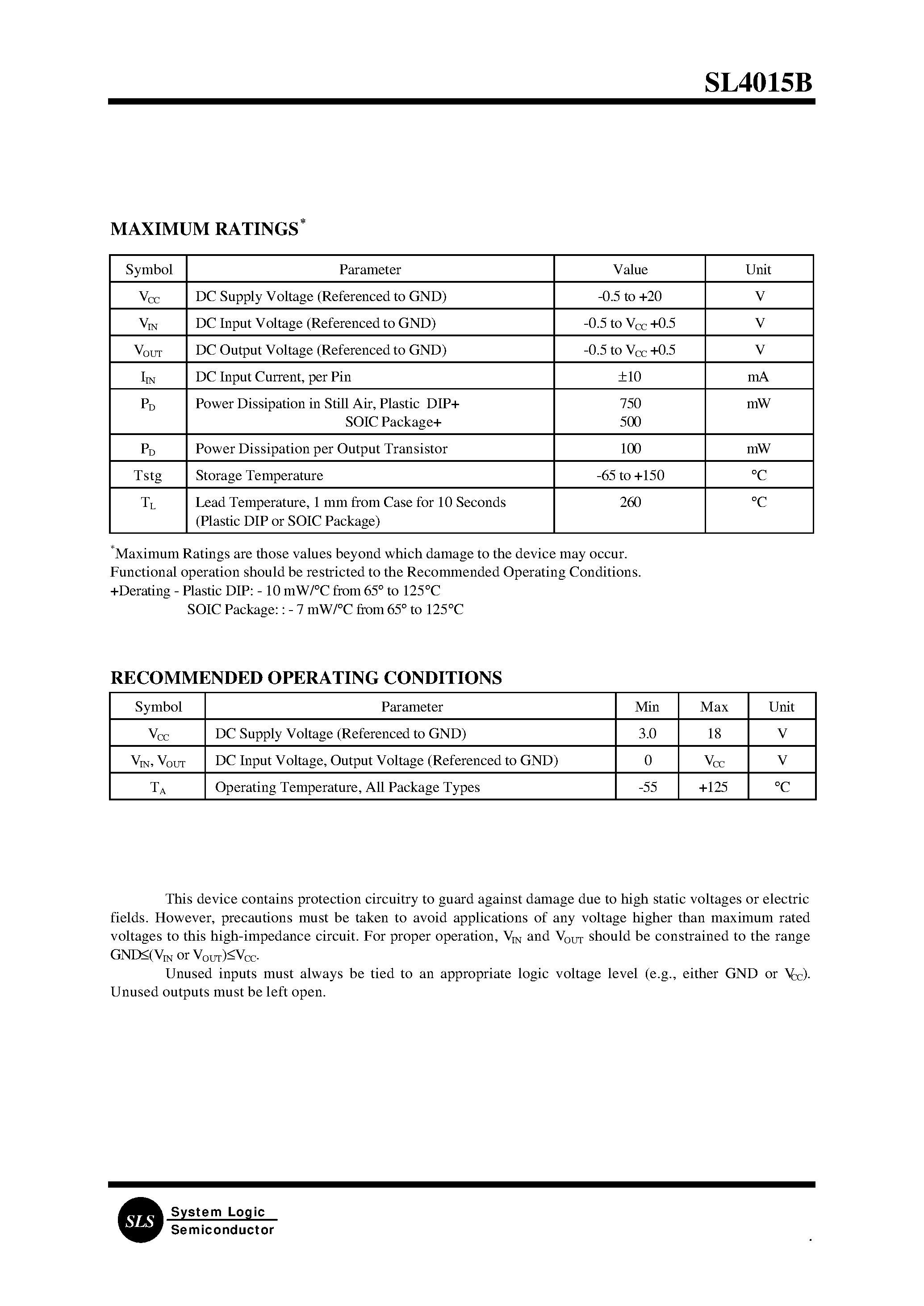 Datasheet SL4015B - Dual 4-Stage Static Shift Register page 2