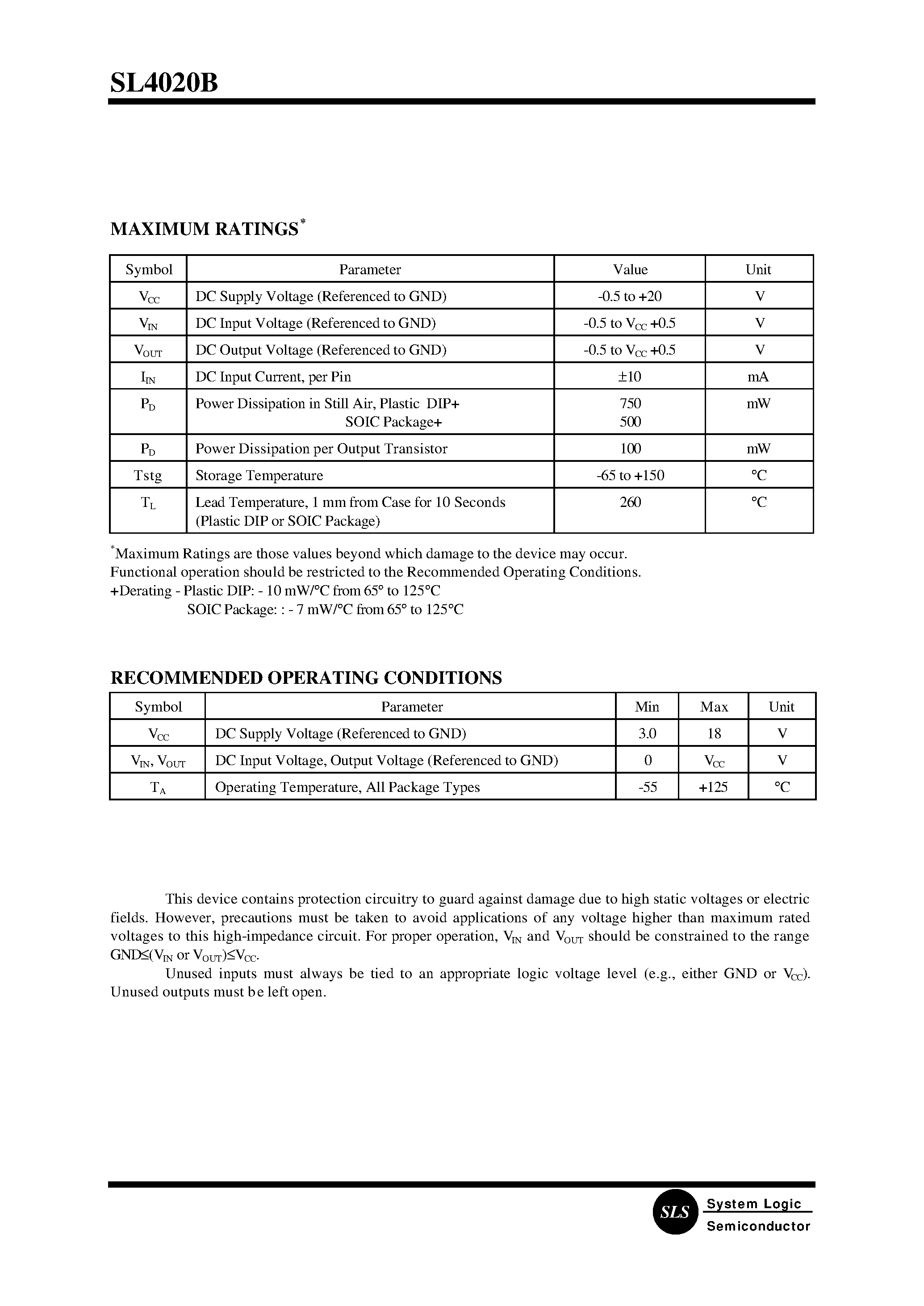 Datasheet SL4020B - 14 Stage Ripple-Carry Binary Counter/Divider page 2