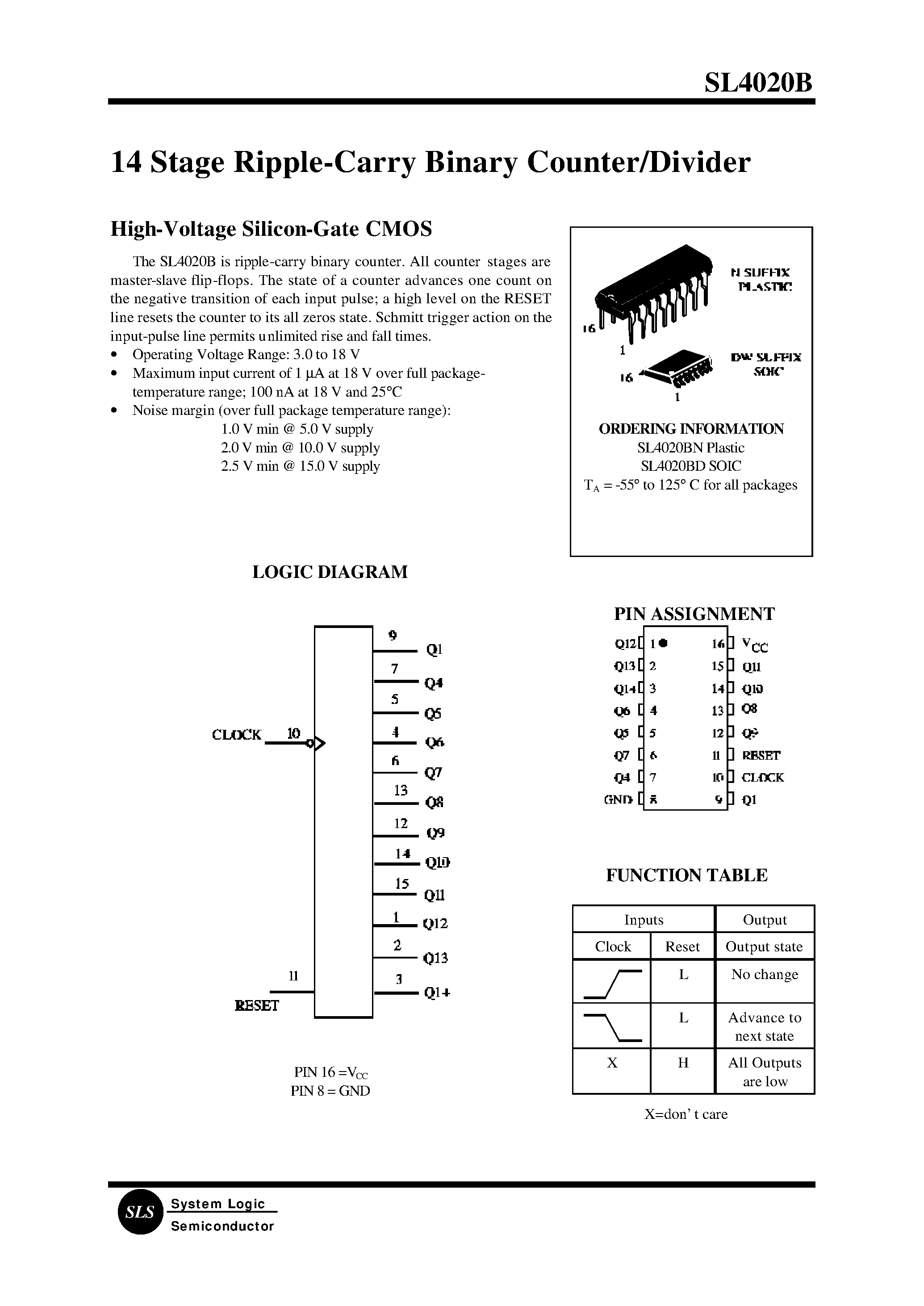 Datasheet SL4020BD - 14 Stage Ripple-Carry Binary Counter/Divider page 1