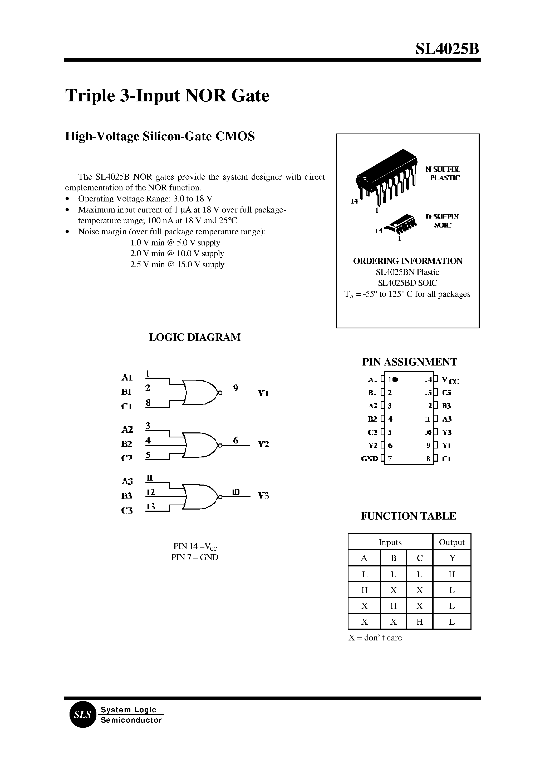 Datasheet SL4025BD - Triple 3-Input NOR Gate page 1