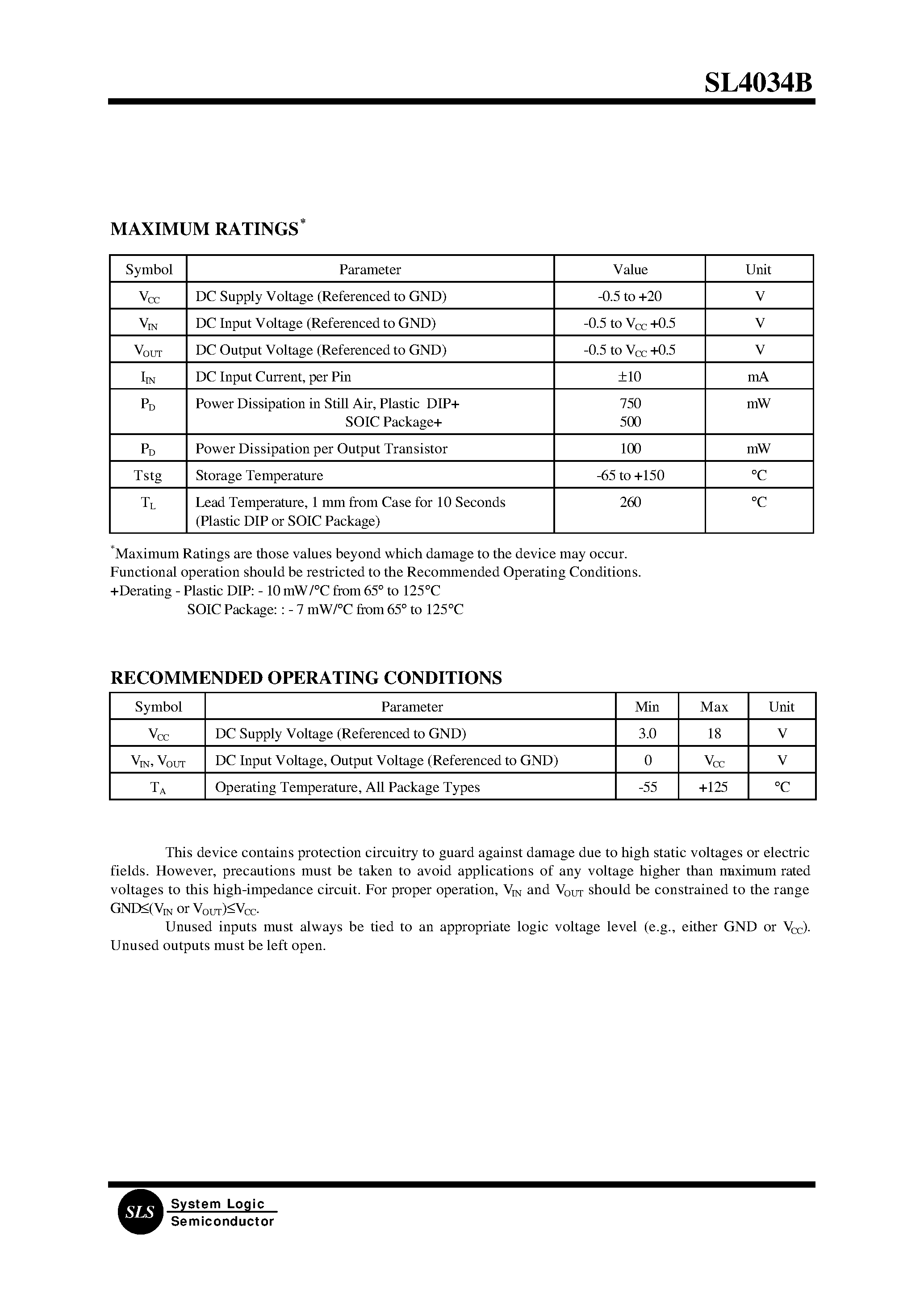 Datasheet SL4034B - 8-Stage Static Bidirectional Parallel/ Serial Input/Output Bus Register page 2