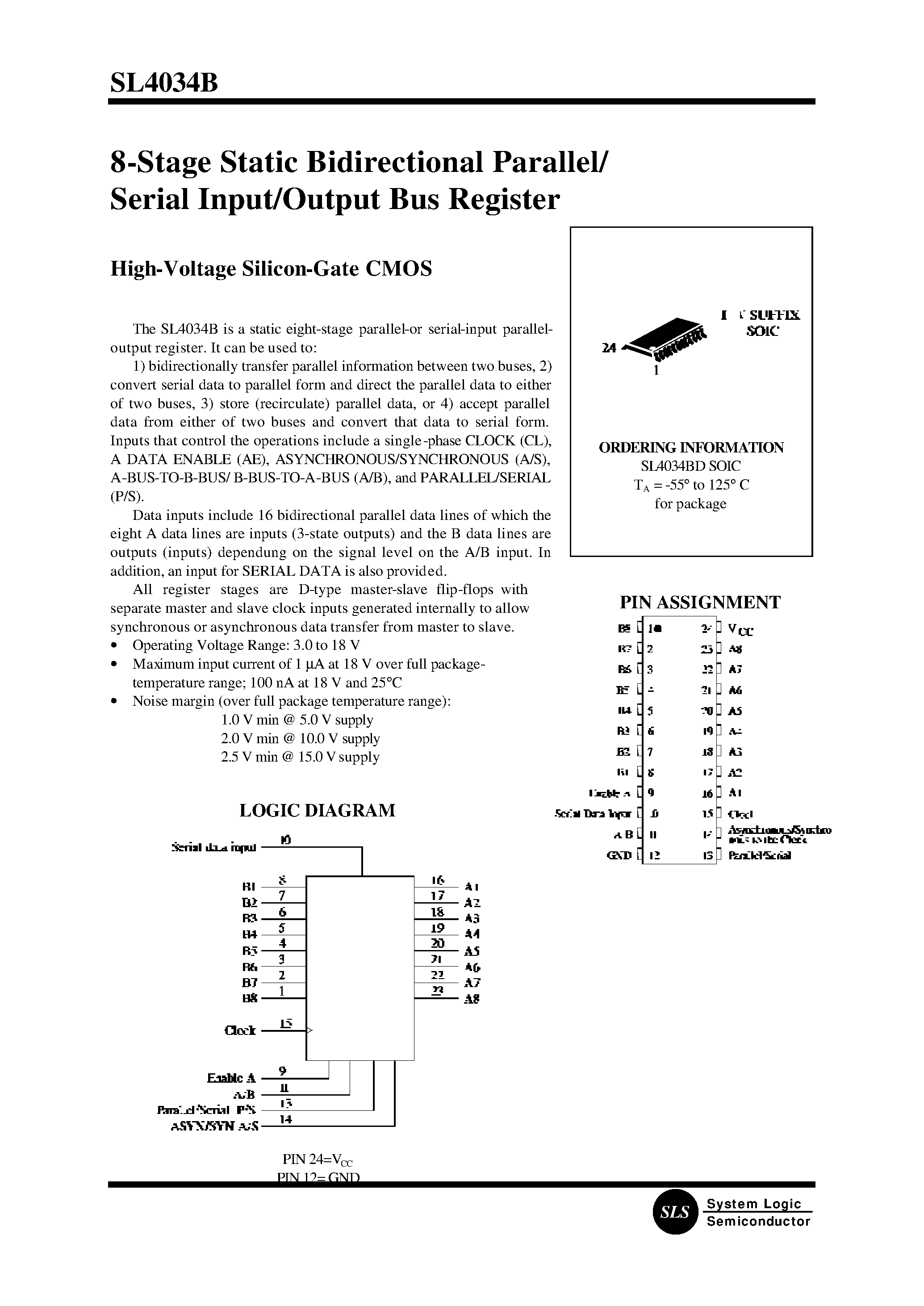 Datasheet SL4034BD page 1 Datasheet SL4034BD - 8-Stage Static Bidirectional Parallel/ Serial Input/Output Bus Register page 1