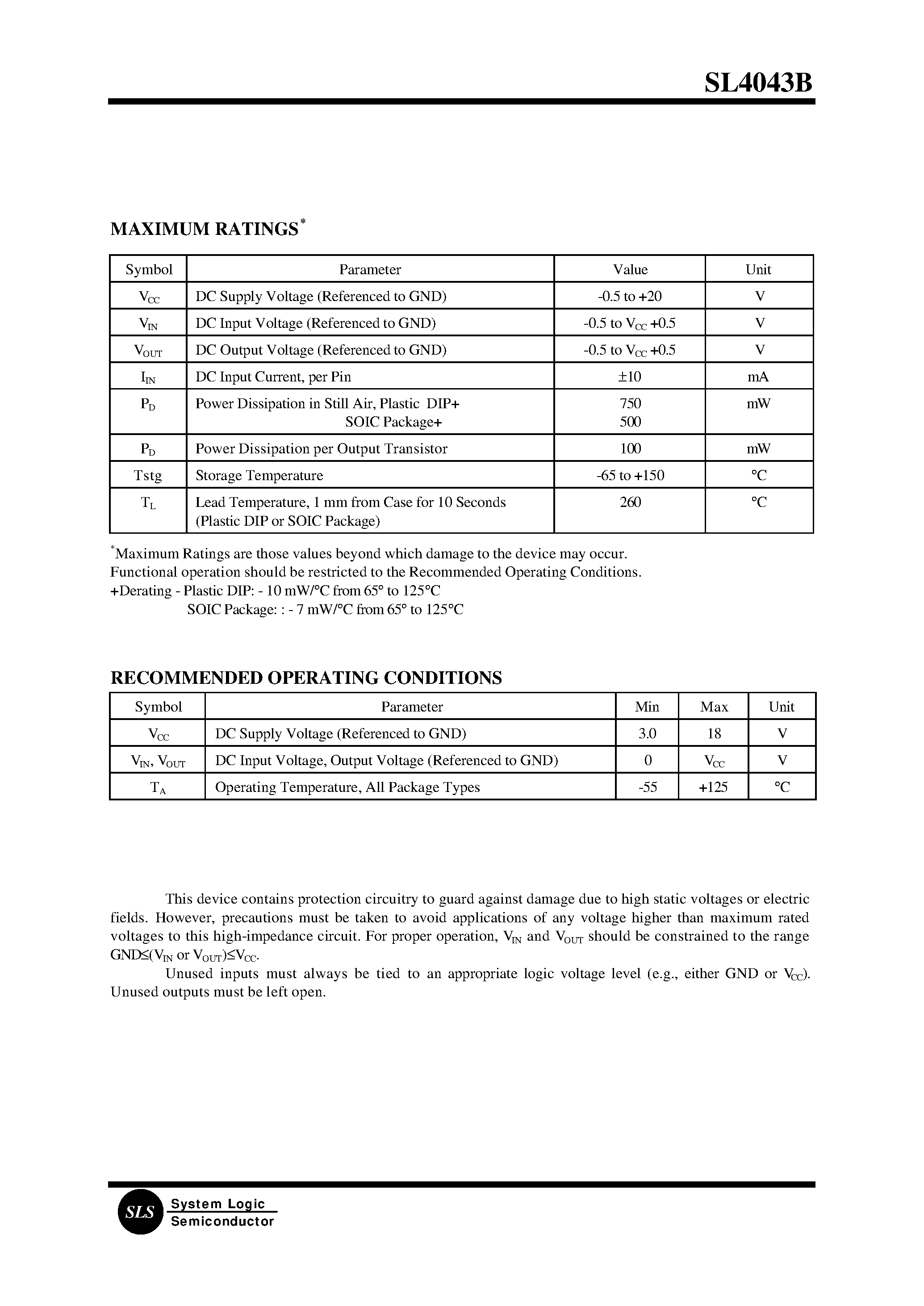 Datasheet SL4043B page 2 Datasheet SL4043B - Quad 3-State R/S Latch page 2