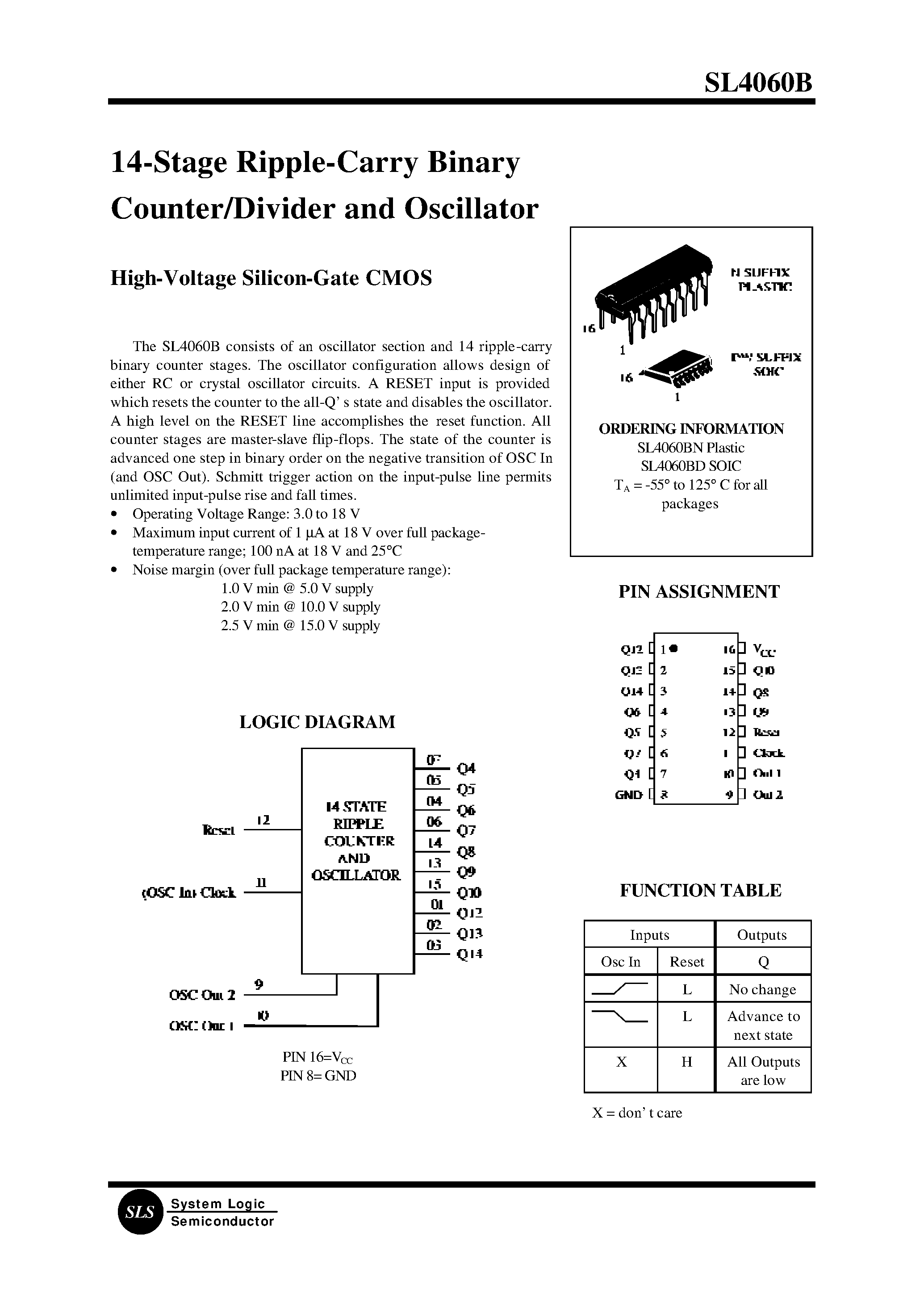 Datasheet SL4060BN - 14-Stage Ripple-Carry Binary Counter/Divider and Oscillator page 1