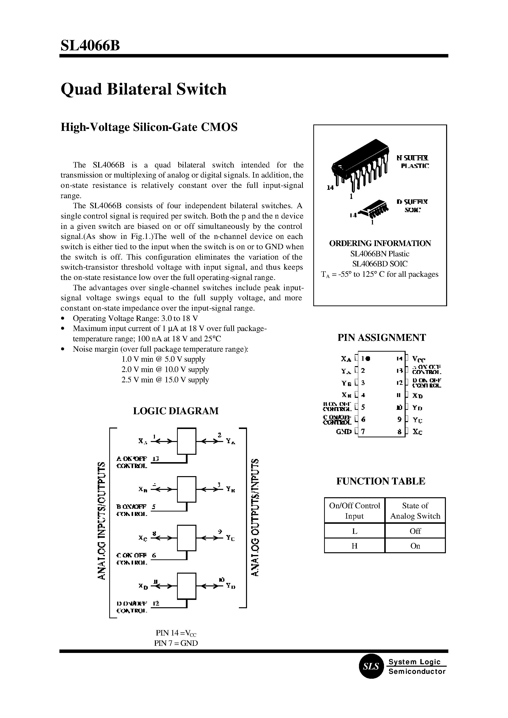 Datasheet SL4066BN - Quad Bilateral Switch page 1