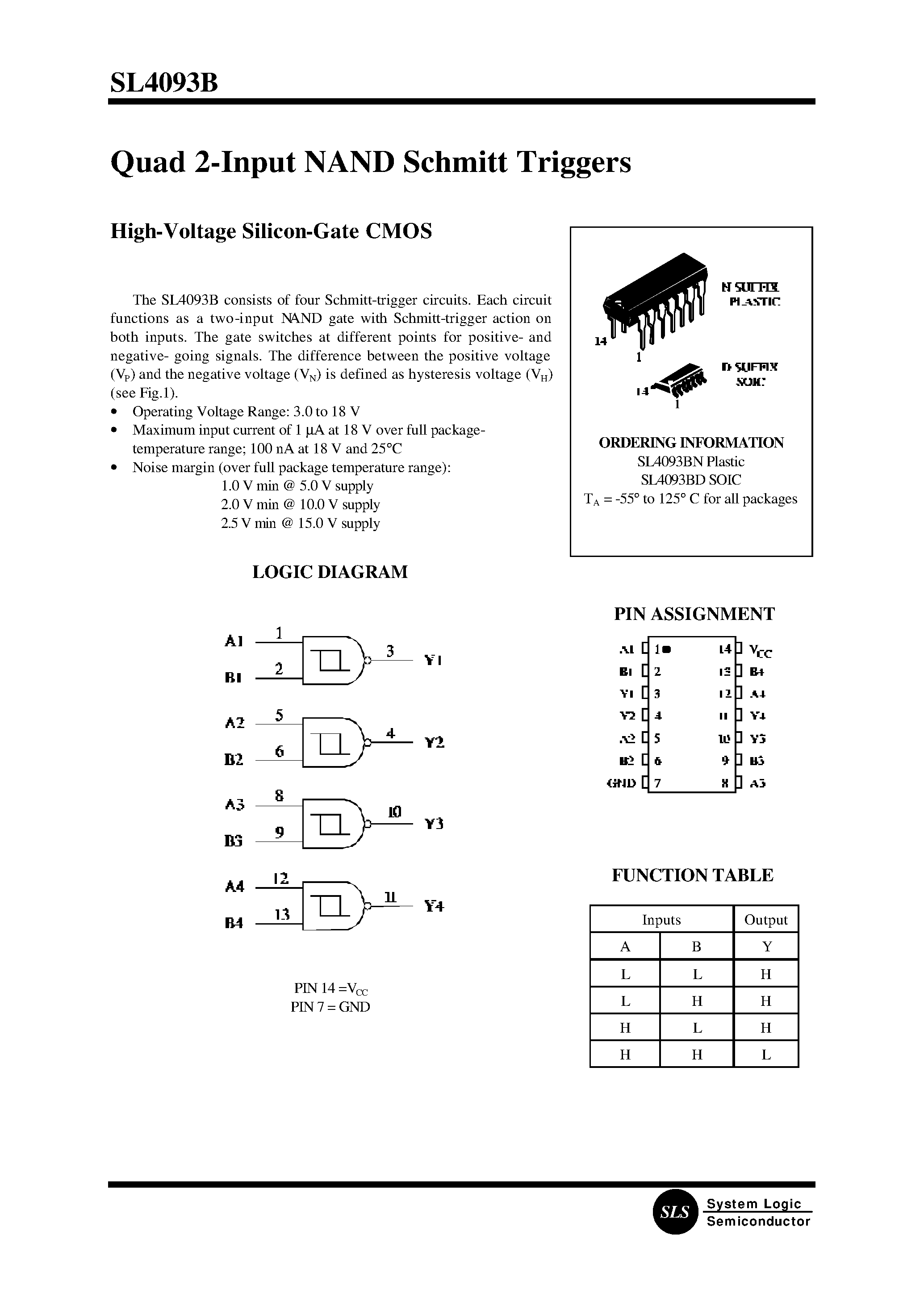 Datasheet SL4093B page 1 Datasheet SL4093B - Quad 2-Input NAND Schmitt Triggers page 1