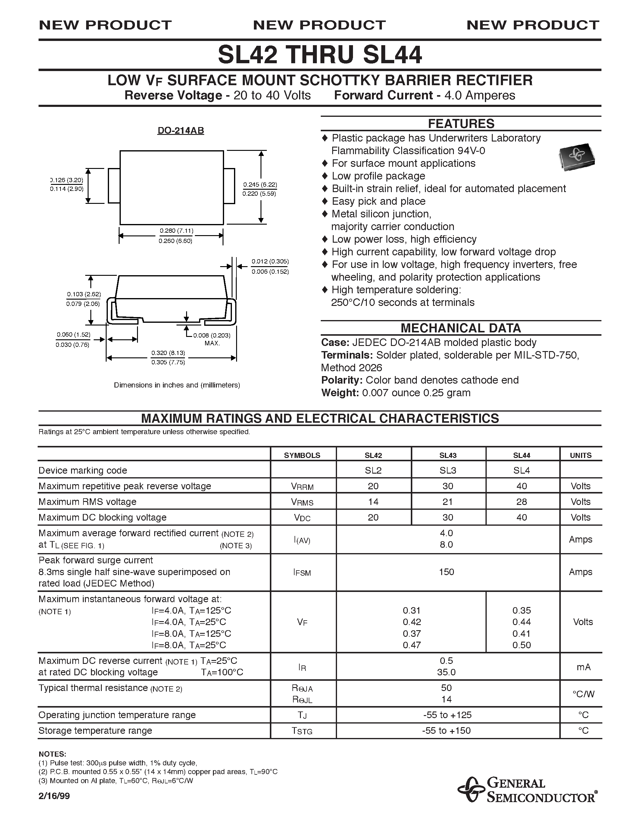 Datasheet SL43 page 1 Datasheet SL43 - LOW VF SURFACE MOUNT SCHOTTKY BARRIER RECTIFIER page 1