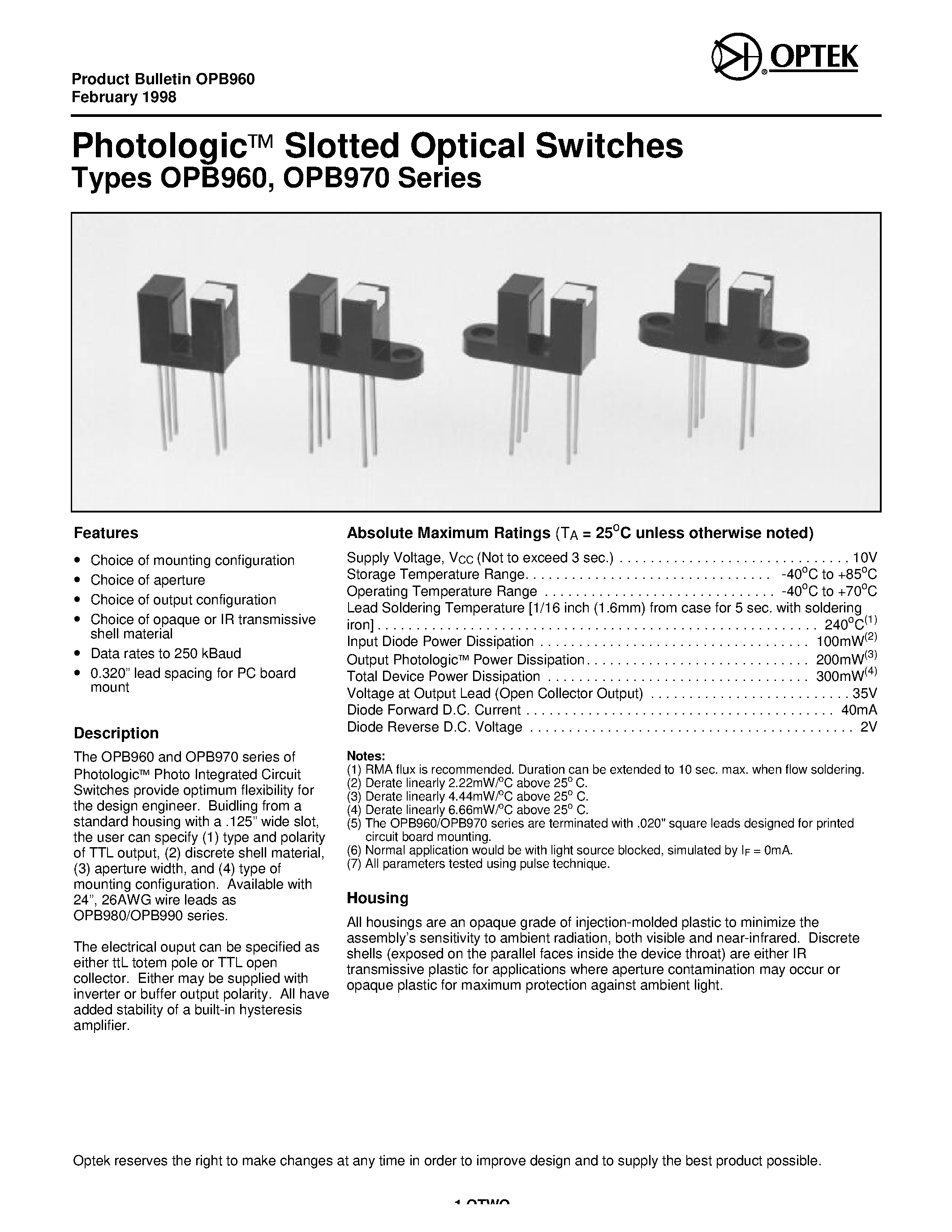 Даташит на микросхему OPB963T11 страница 1 Даташит OPB963T11 - Photolohic Slotted Optical Switches страница 1