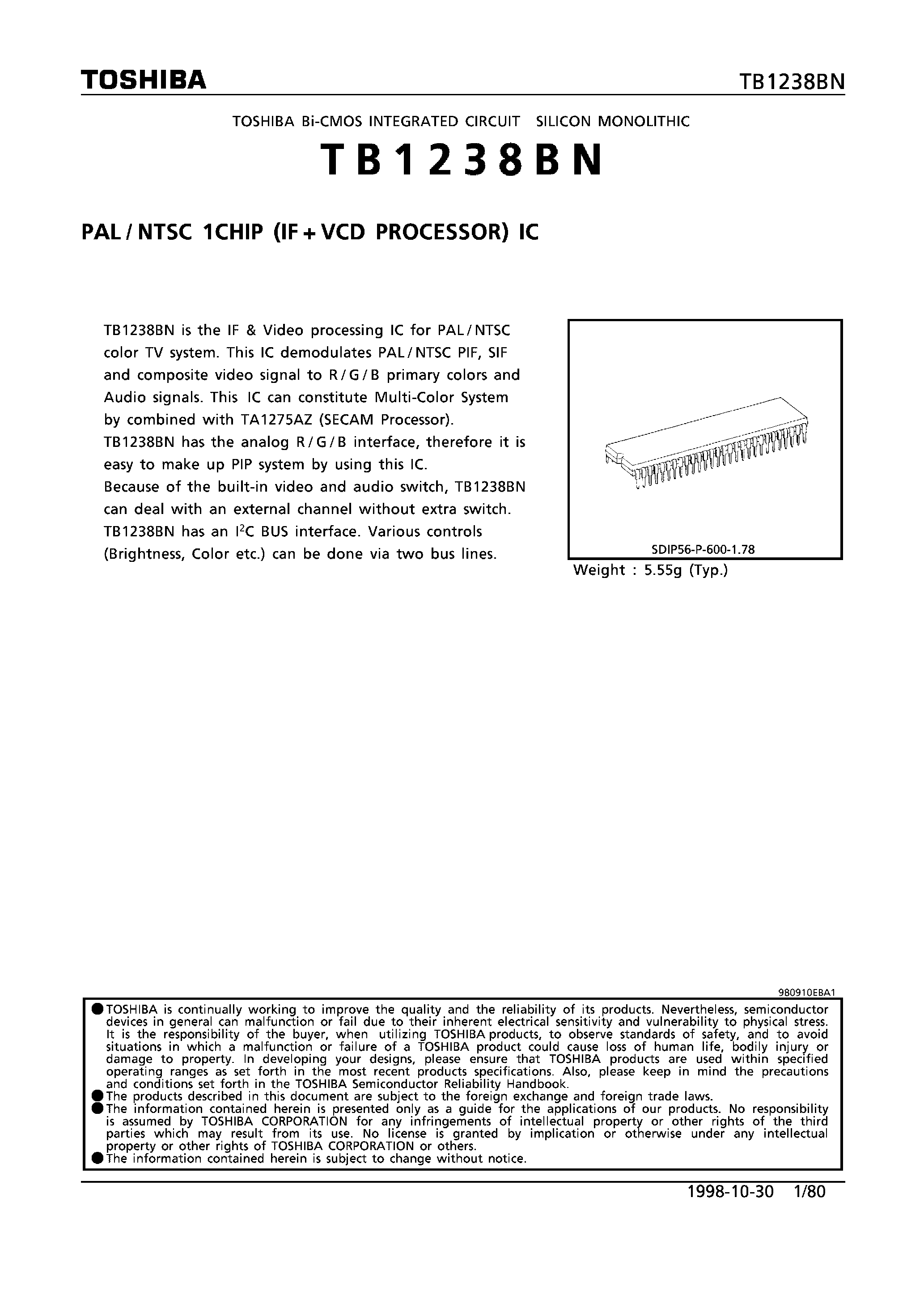 Datasheet TB1238BN page 1 Datasheet TB1238BN - PAL/NTSC 1CHIP (IF+VCD PROCESSOR) IC page 1