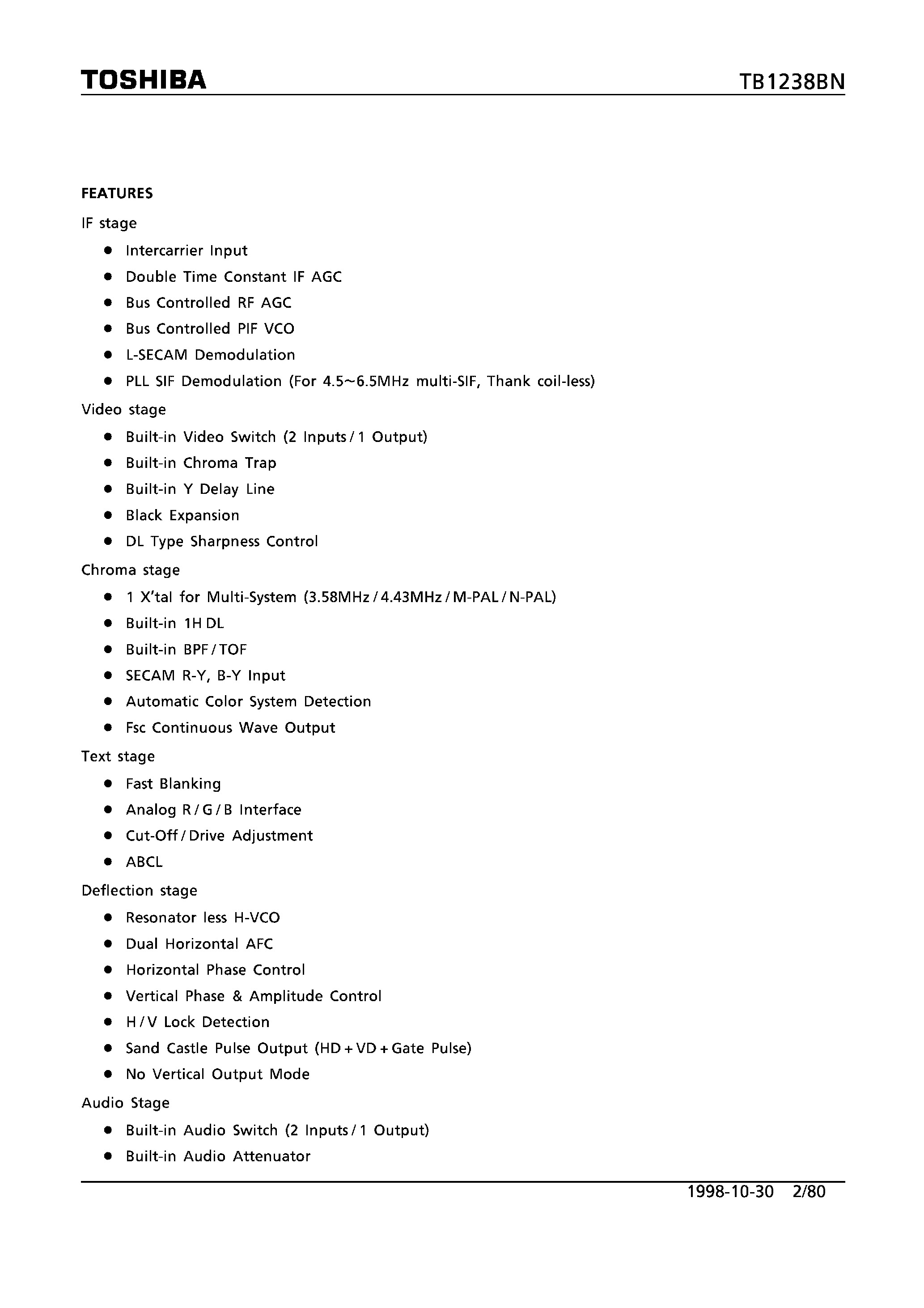 Datasheet TB1238BN page 2 Datasheet TB1238BN - PAL/NTSC 1CHIP (IF+VCD PROCESSOR) IC page 2
