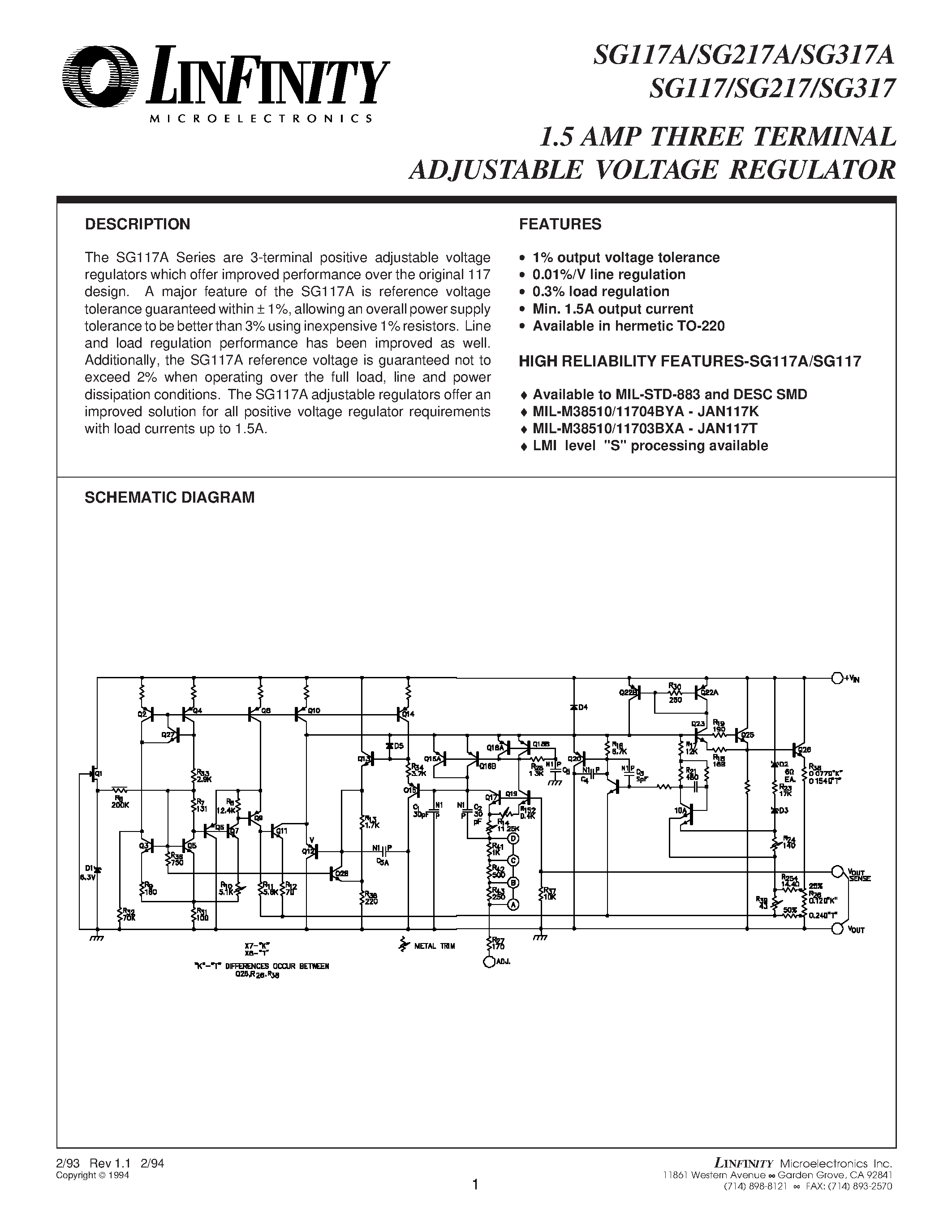 Datasheet SG317 - 1.5 AMP THREE TERMINAL ADJUSTABLE VOLTAGE REGULATOR page 1