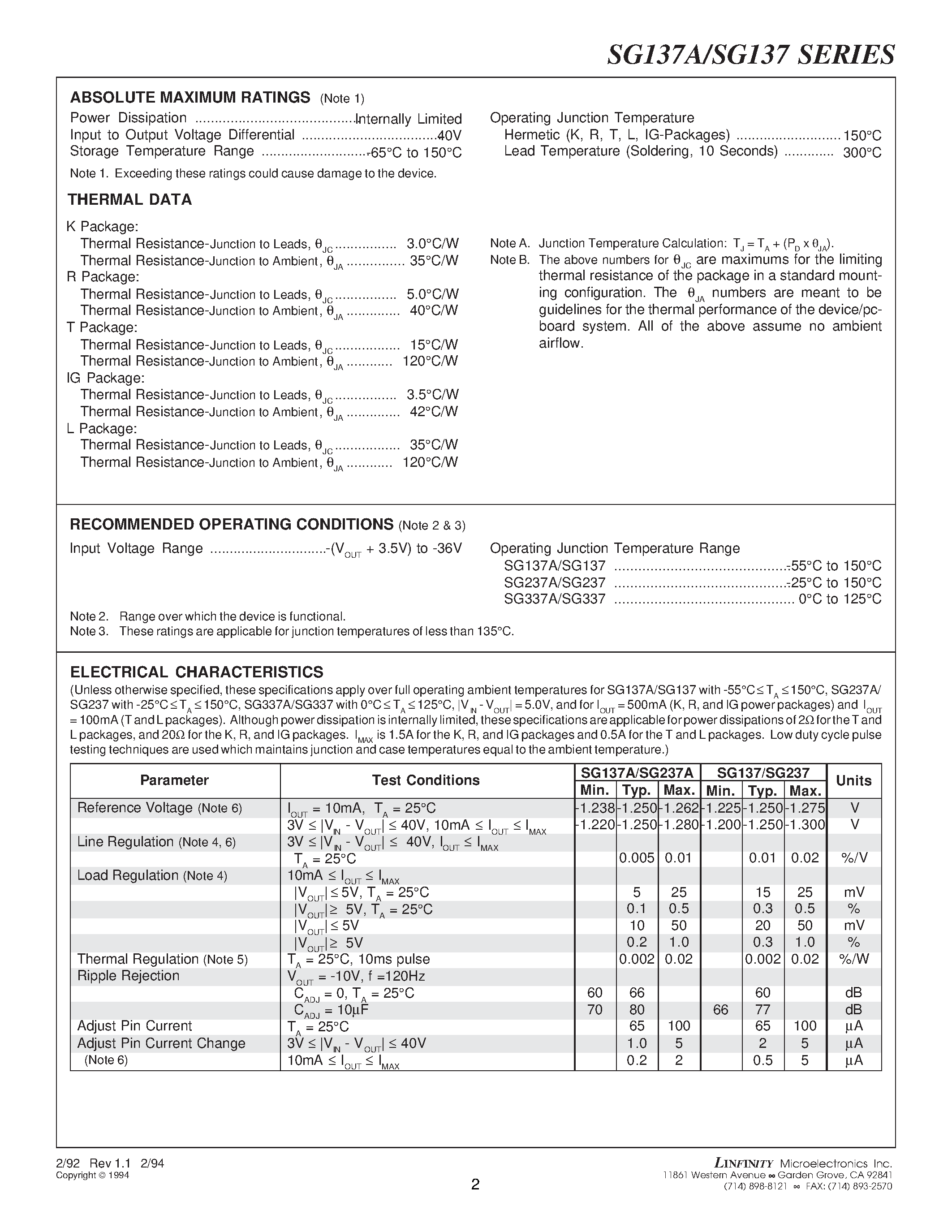 Datasheet SG337 page 2 Datasheet SG337 - 1.5 AMP NEGATIVE ADJUSTABLE REGULATOR page 2