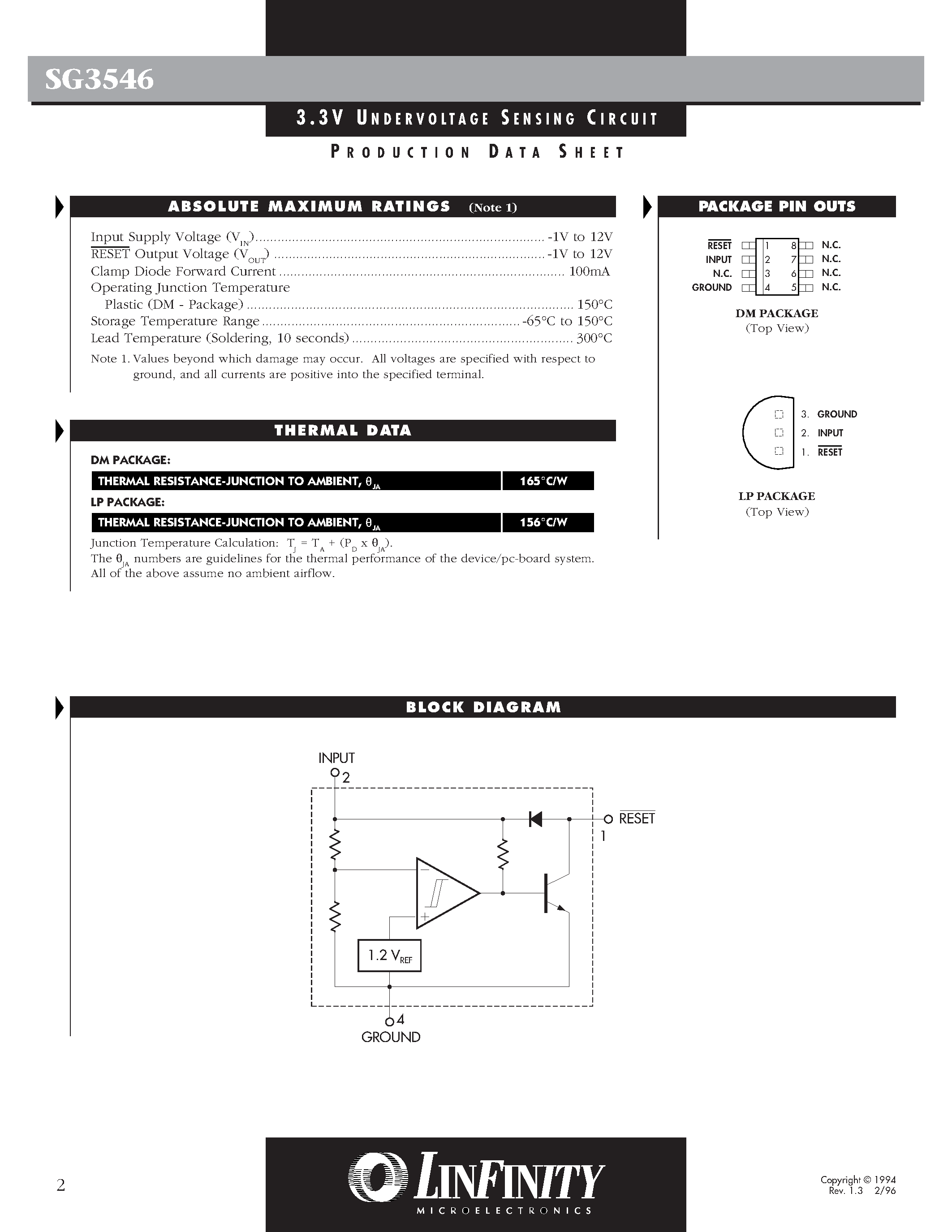 Даташит SG3546 - 3.3 V UNDERVOLTAGE SENSING CIRCUIT страница 2