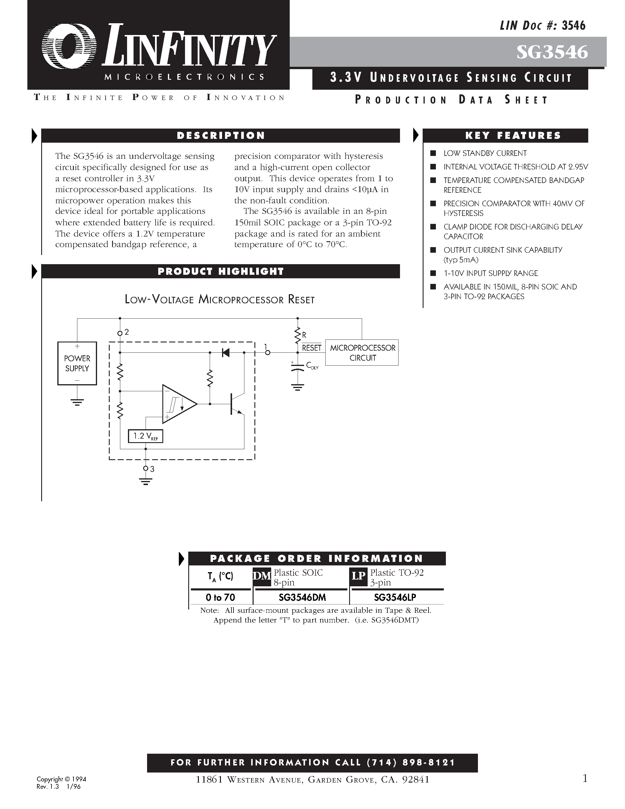 Даташит SG3546LP - 3.3 V UNDERVOLTAGE SENSING CIRCUIT страница 1