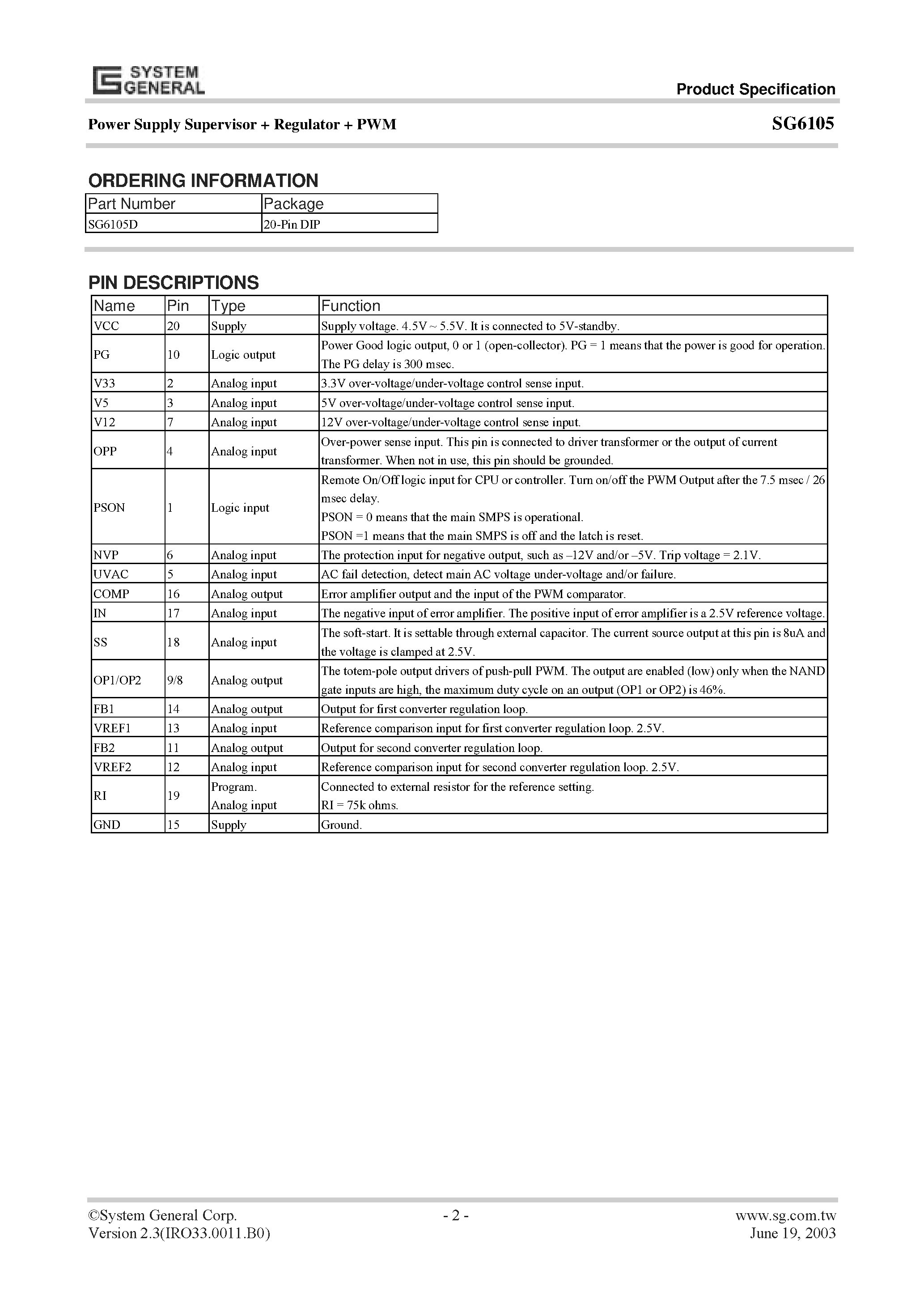 Даташит на микросхему SG6105D страница 2 Даташит SG6105D - Power Supply Supervisor + Regulator + PWM страница 2