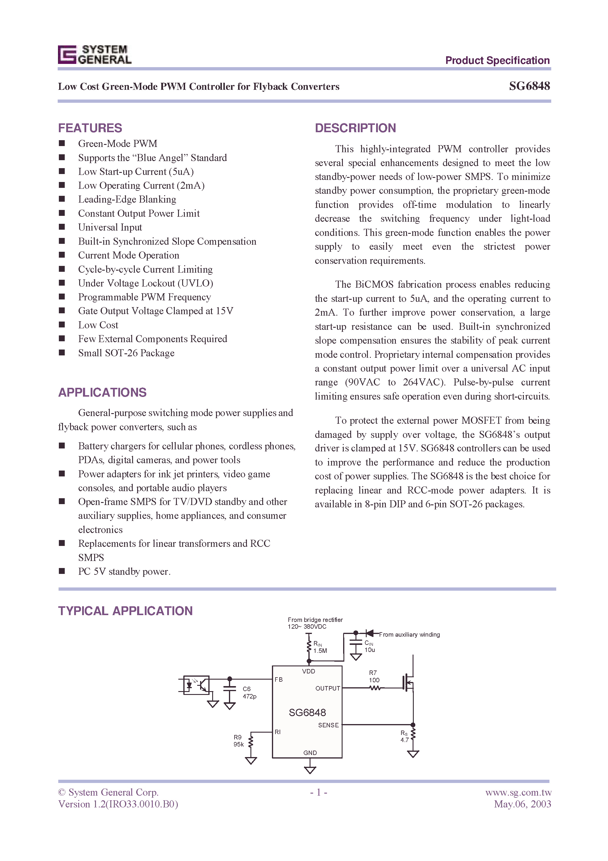 Даташит SG6848 - Low Cost Green-Mode PWM Controller for Flyback Converters страница 1