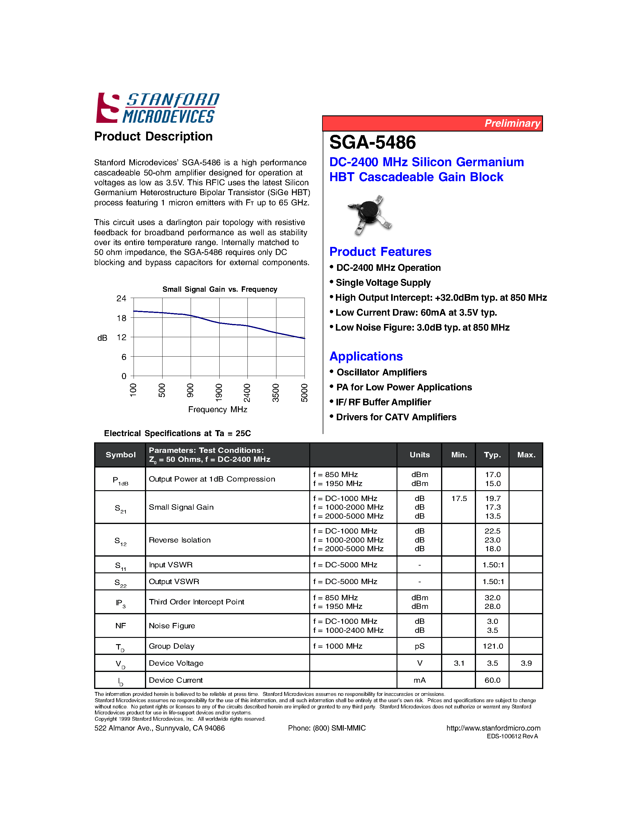 Datasheet SGA-5486 - DC-2400 MHz 3.5V SiGe Amplifier page 1
