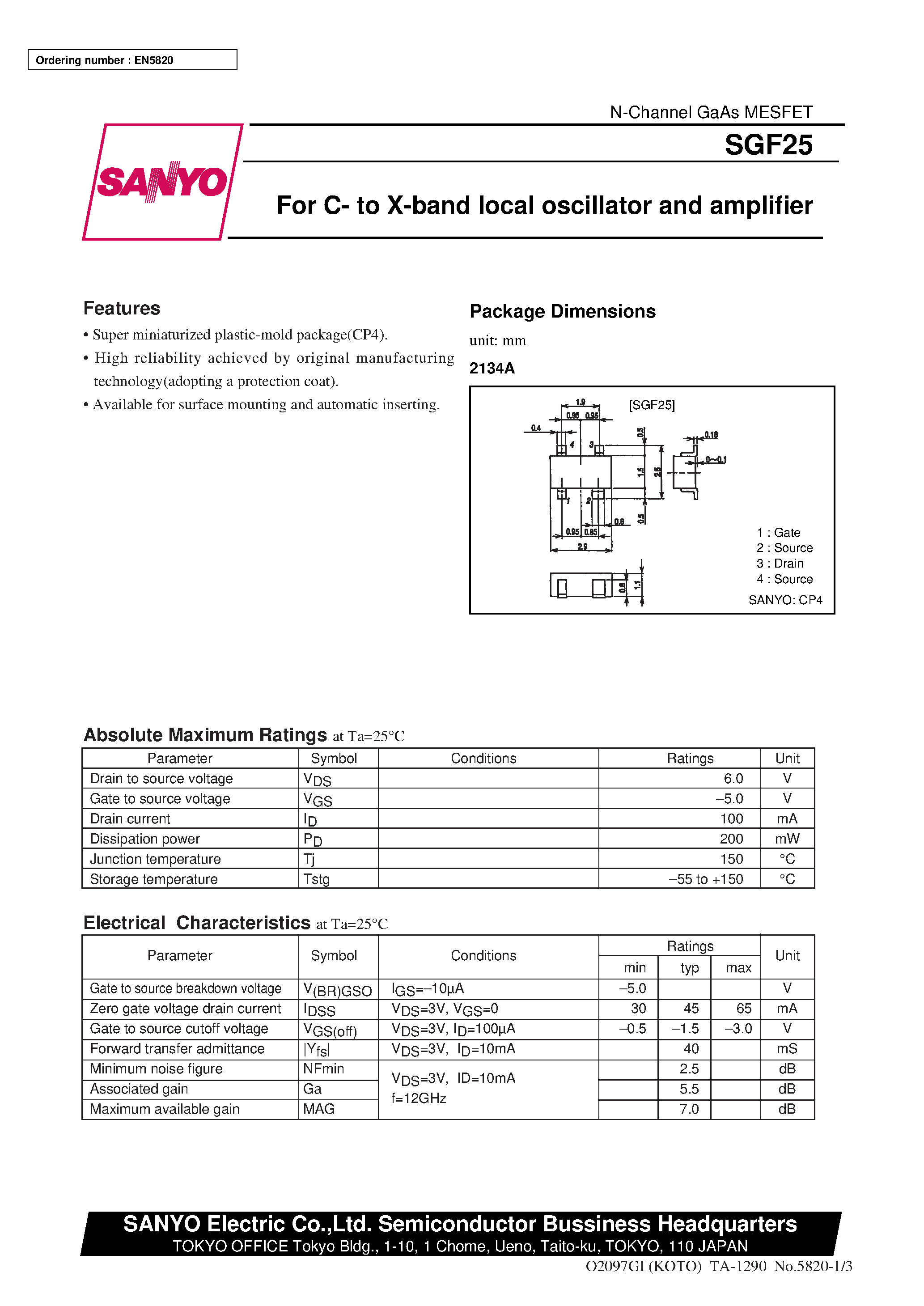 Даташит SGF25 - For C- to X-band local oscillator and amplifier страница 1