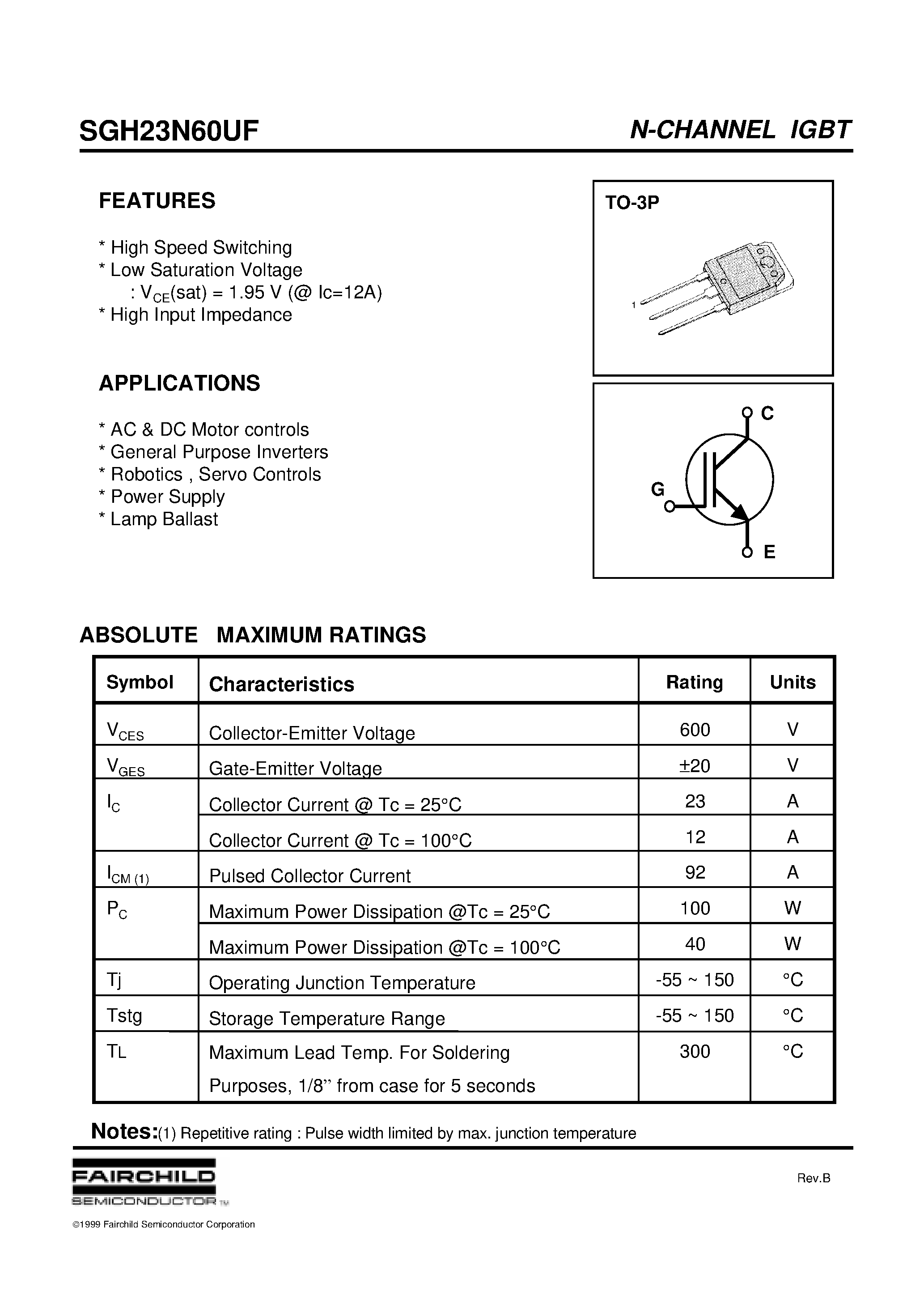 Datasheet SGH23N60UF page 1 Datasheet SGH23N60UF - N-CHANNEL IGBT page 1