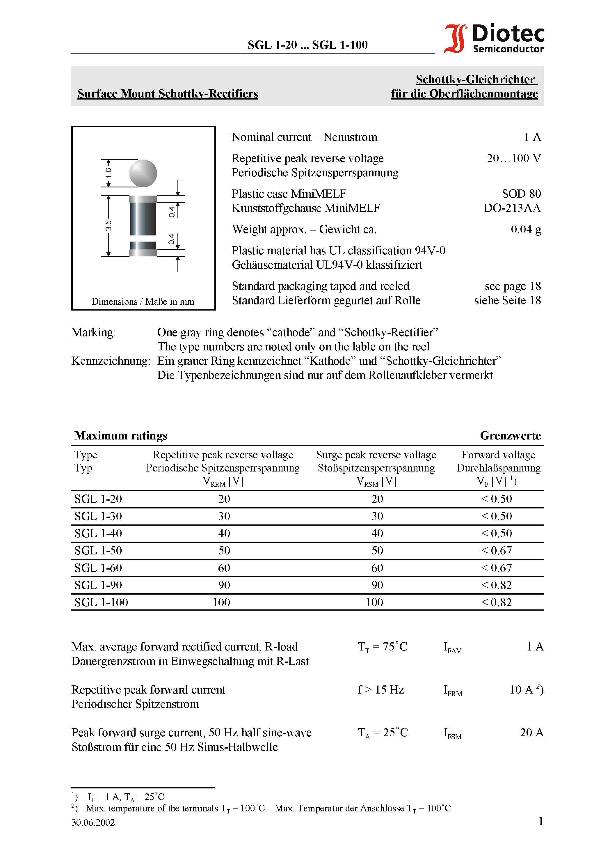 Datasheet SGL1 - Surface Mount Schottky-Rectifiers page 1