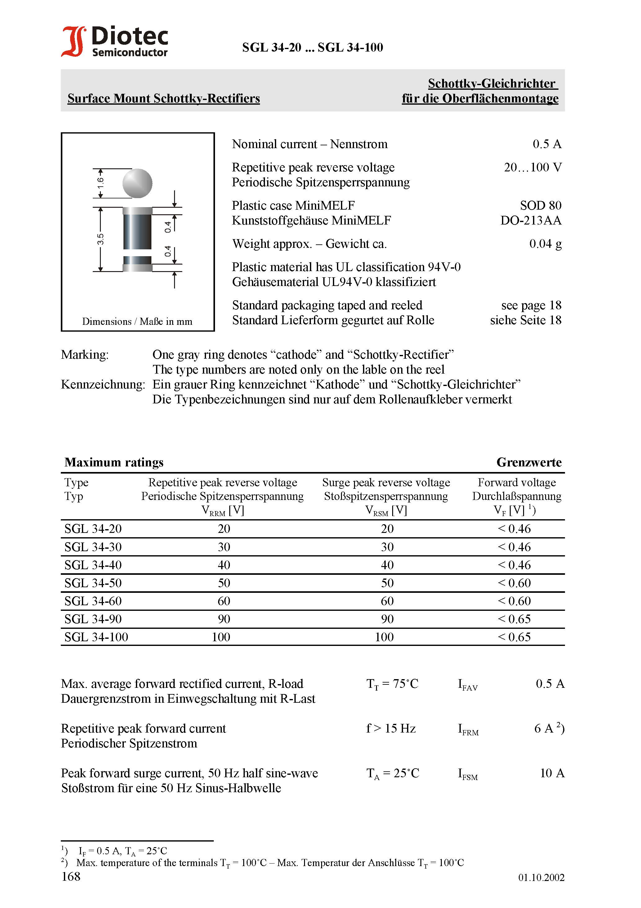 Datasheet SGL34-30 page 1 Datasheet SGL34-30 - Surface Mount Schottky-Rectifiers page 1