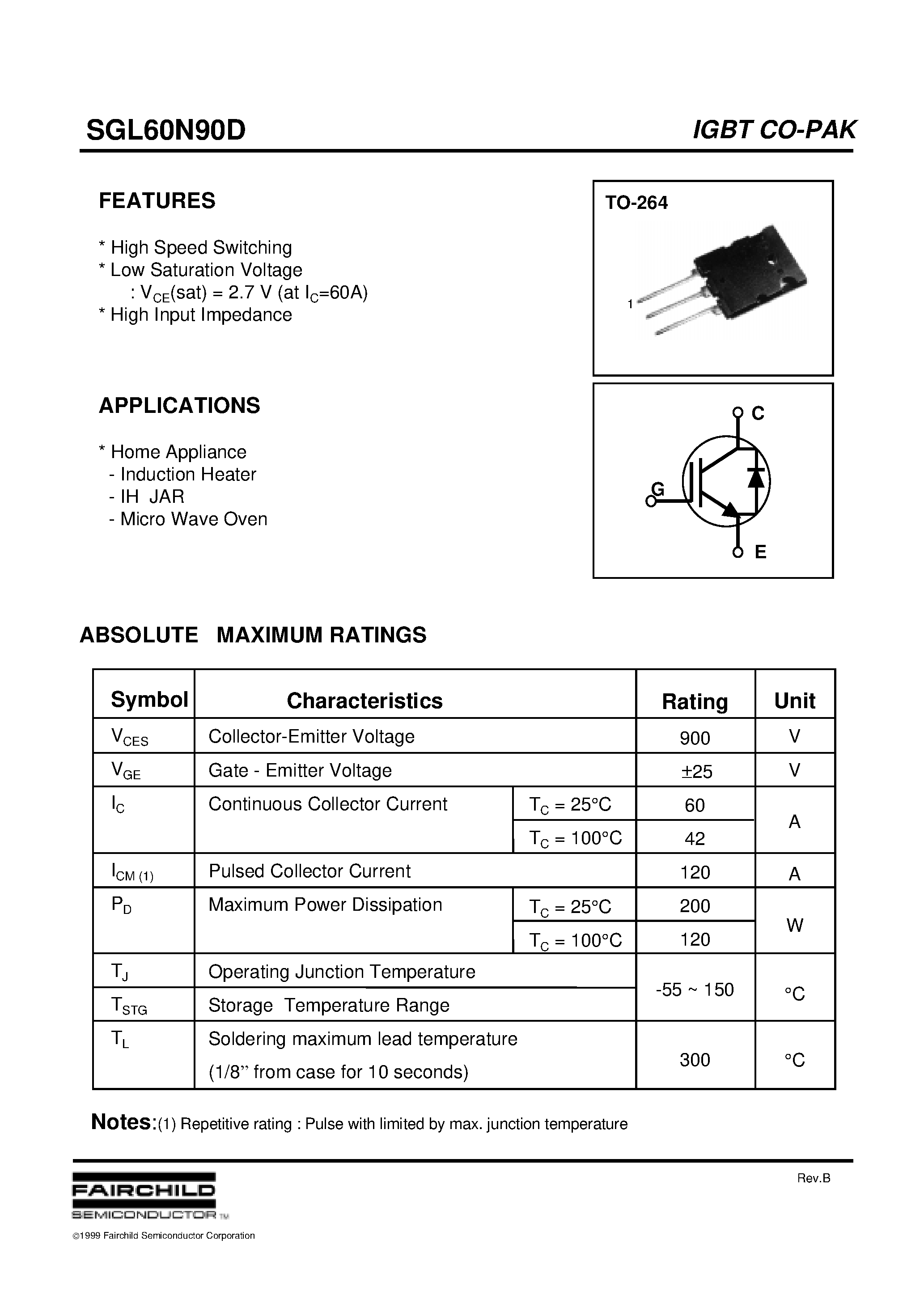 Datasheet SGL60N90D page 1 Datasheet SGL60N90D - IGBT CO-PAK (High Speed Switching Low Saturation Voltage High Input Impedance) page 1