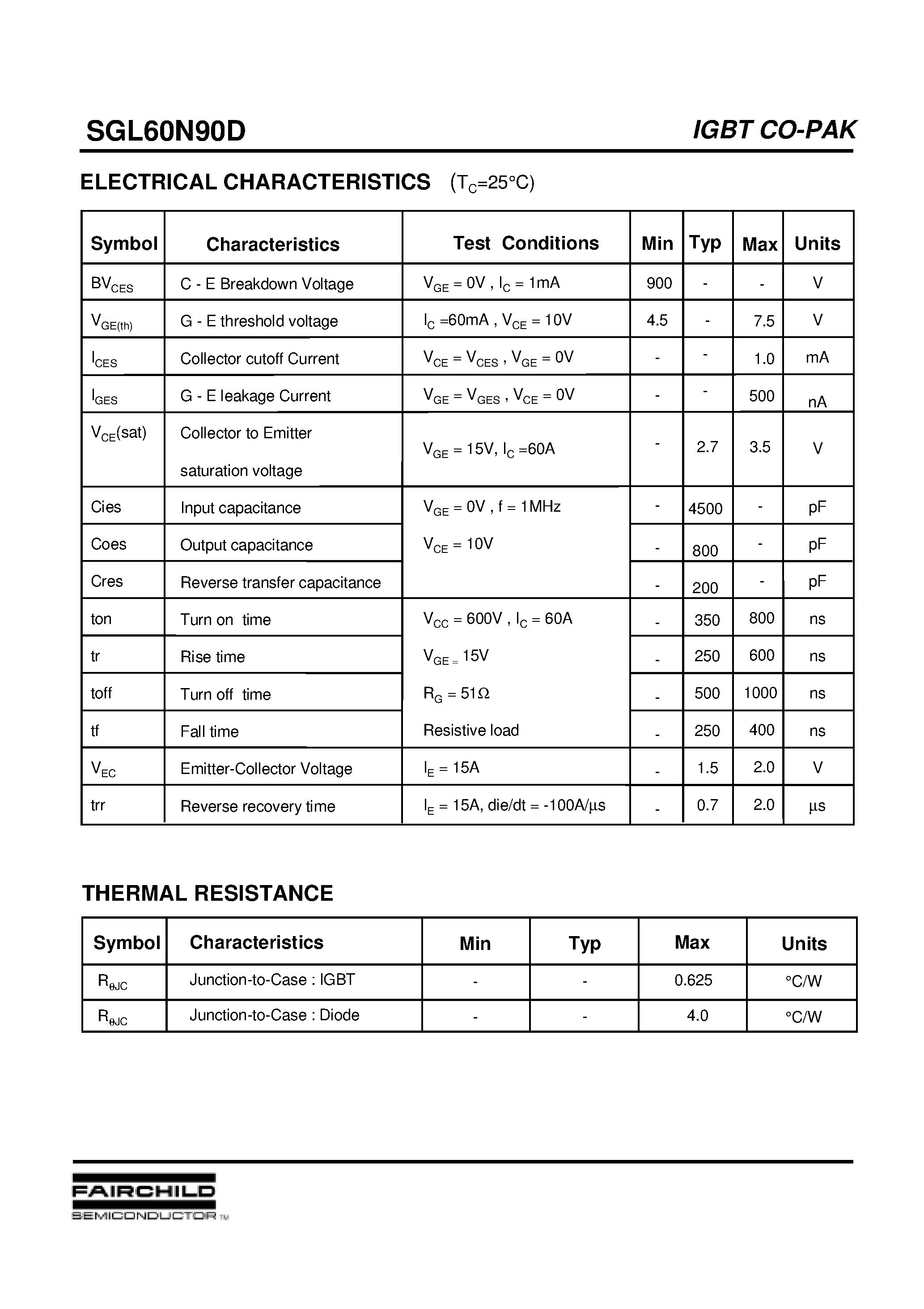 Datasheet SGL60N90D page 2 Datasheet SGL60N90D - IGBT CO-PAK (High Speed Switching Low Saturation Voltage High Input Impedance) page 2