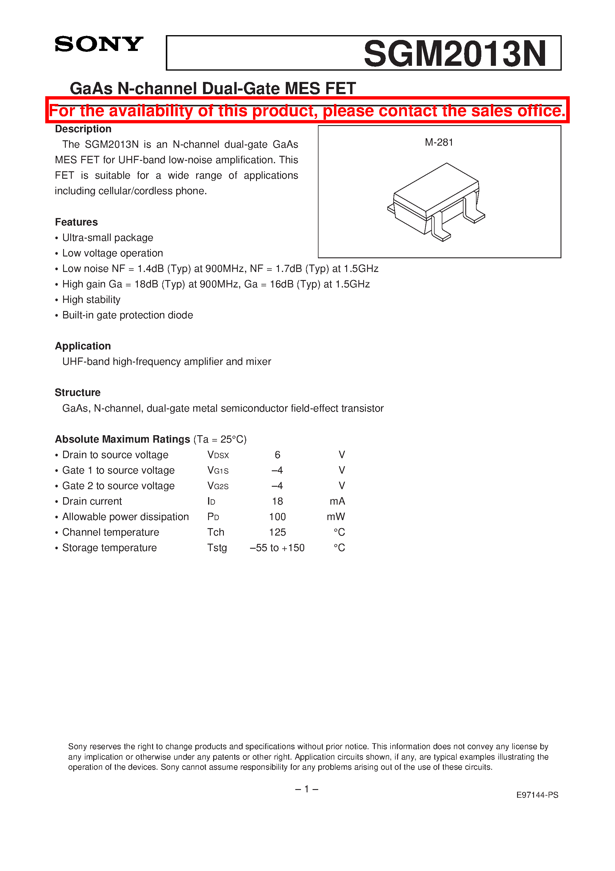 Даташит SGM2013 - GaAs N-channel Dual-Gate MES FET страница 1