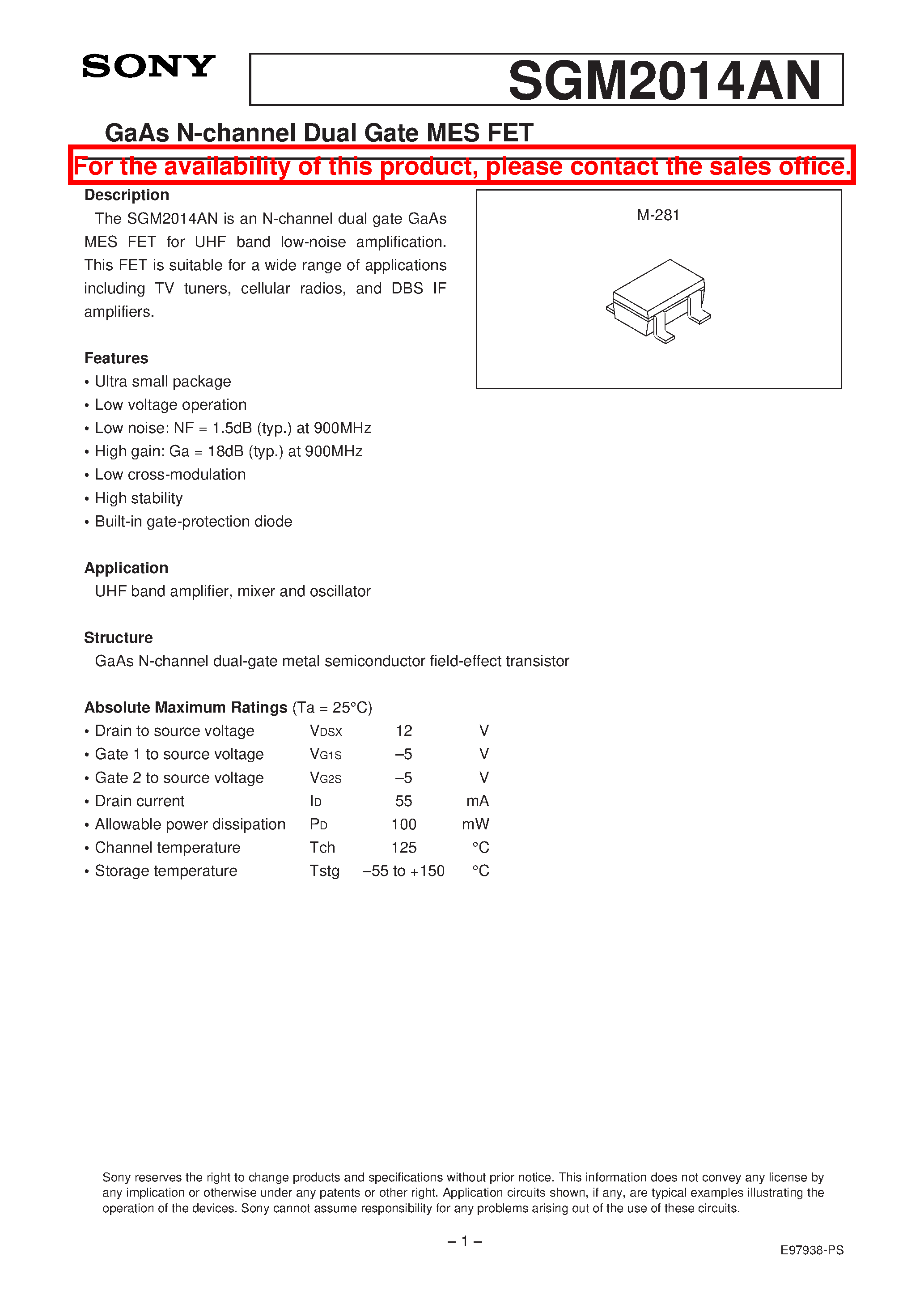 Даташит SGM2014AN - GaAs N-channel Dual Gate MES FET страница 1