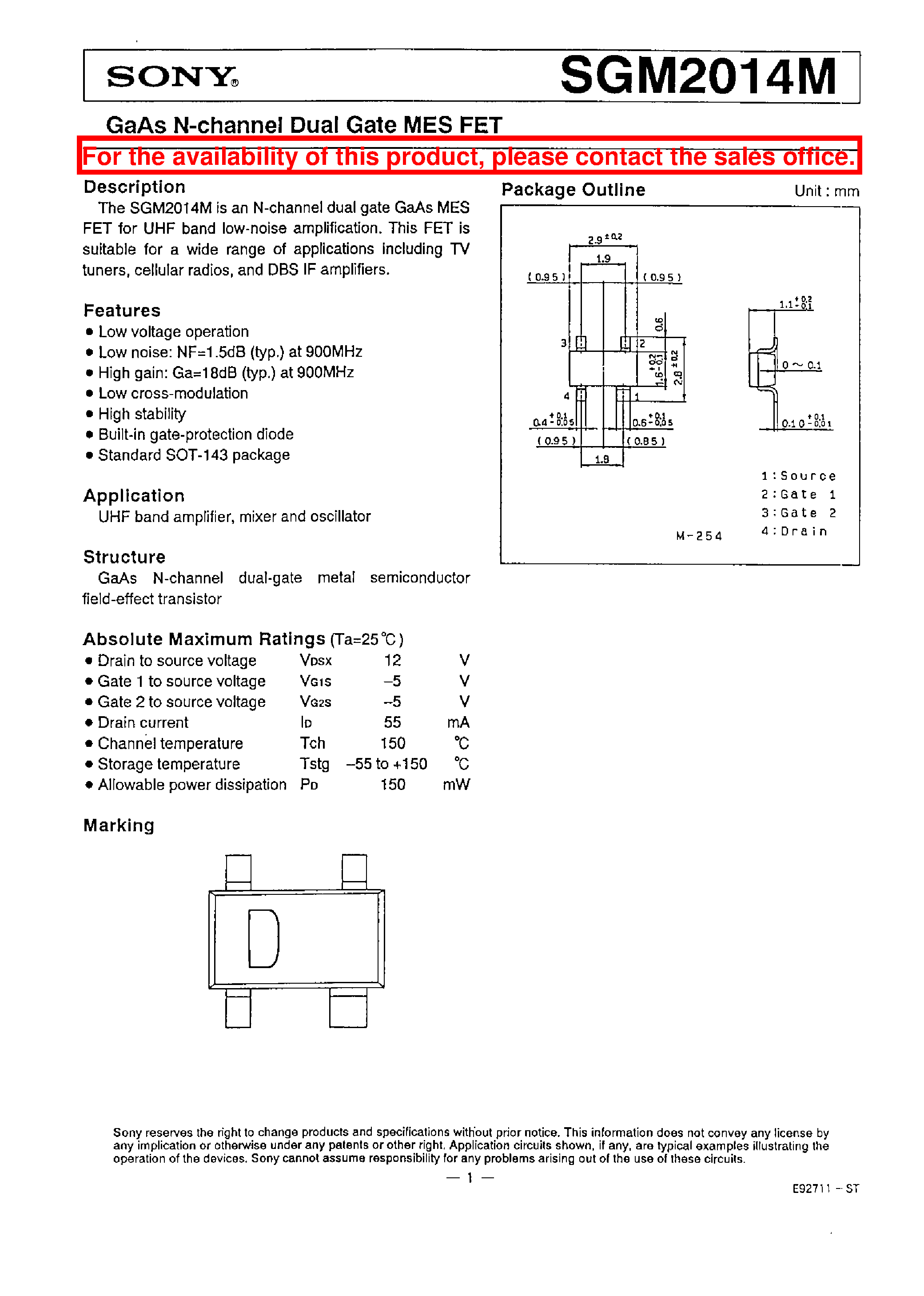 Datasheet SGM2014M - GaAs N-channel Dual Gate MES FET page 1