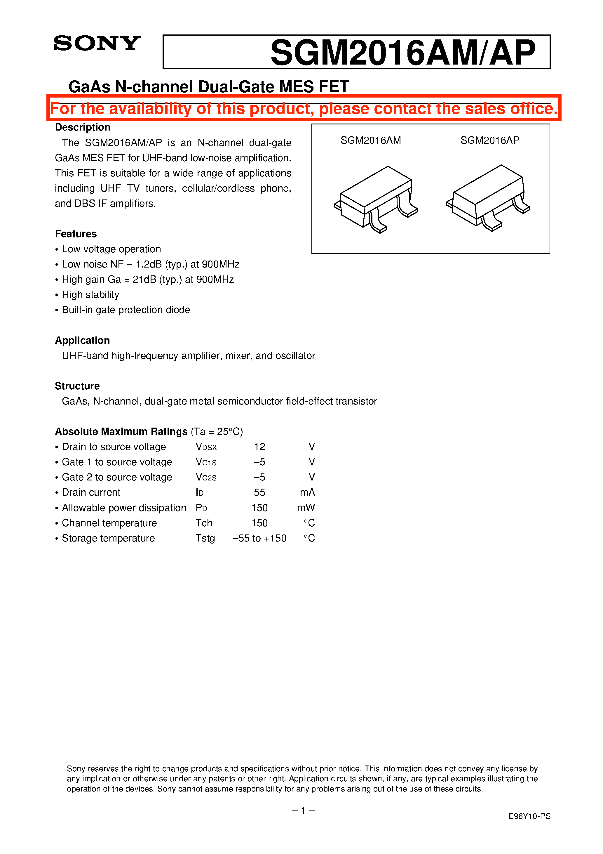 Даташит на микросхему SGM2016AM страница 1 Даташит SGM2016AM - GaAs N-channel Dual-Gate MES FET страница 1