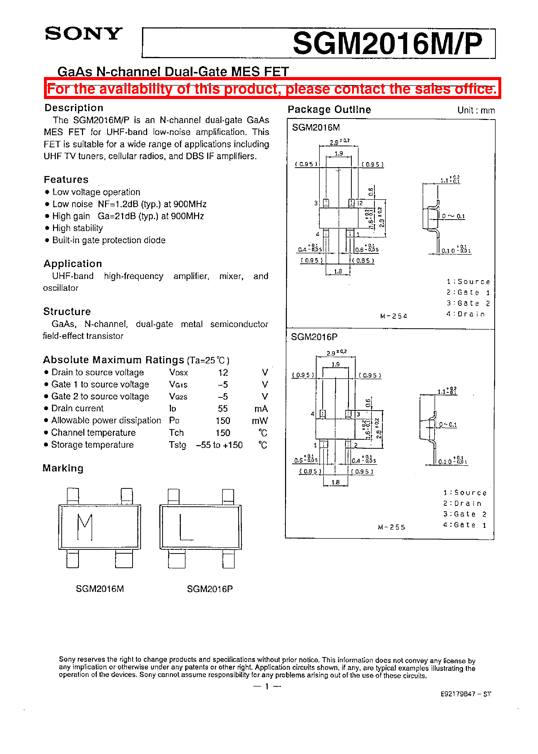 Datasheet SGM2016M - GaAs N-channel Dual-Gate MES FET page 1