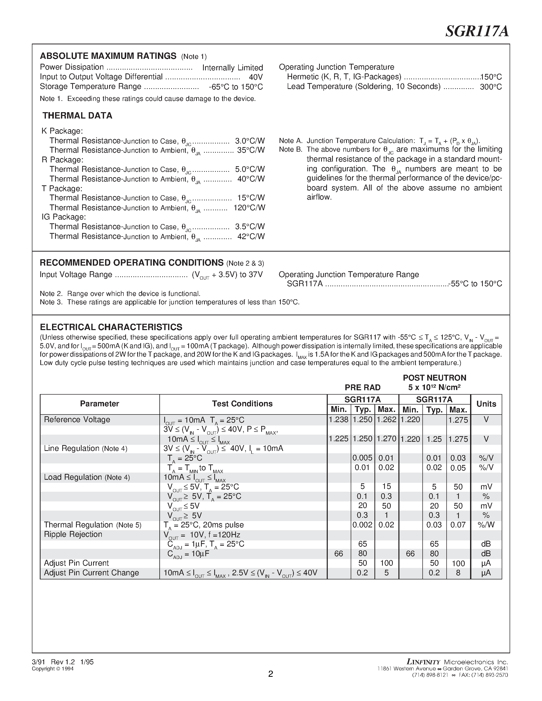 Datasheet SGR117AR - RAD HARD 1.5 AMP THREE TERMINAL ADJUSTABLE VOLTAGE REGULATOR page 2