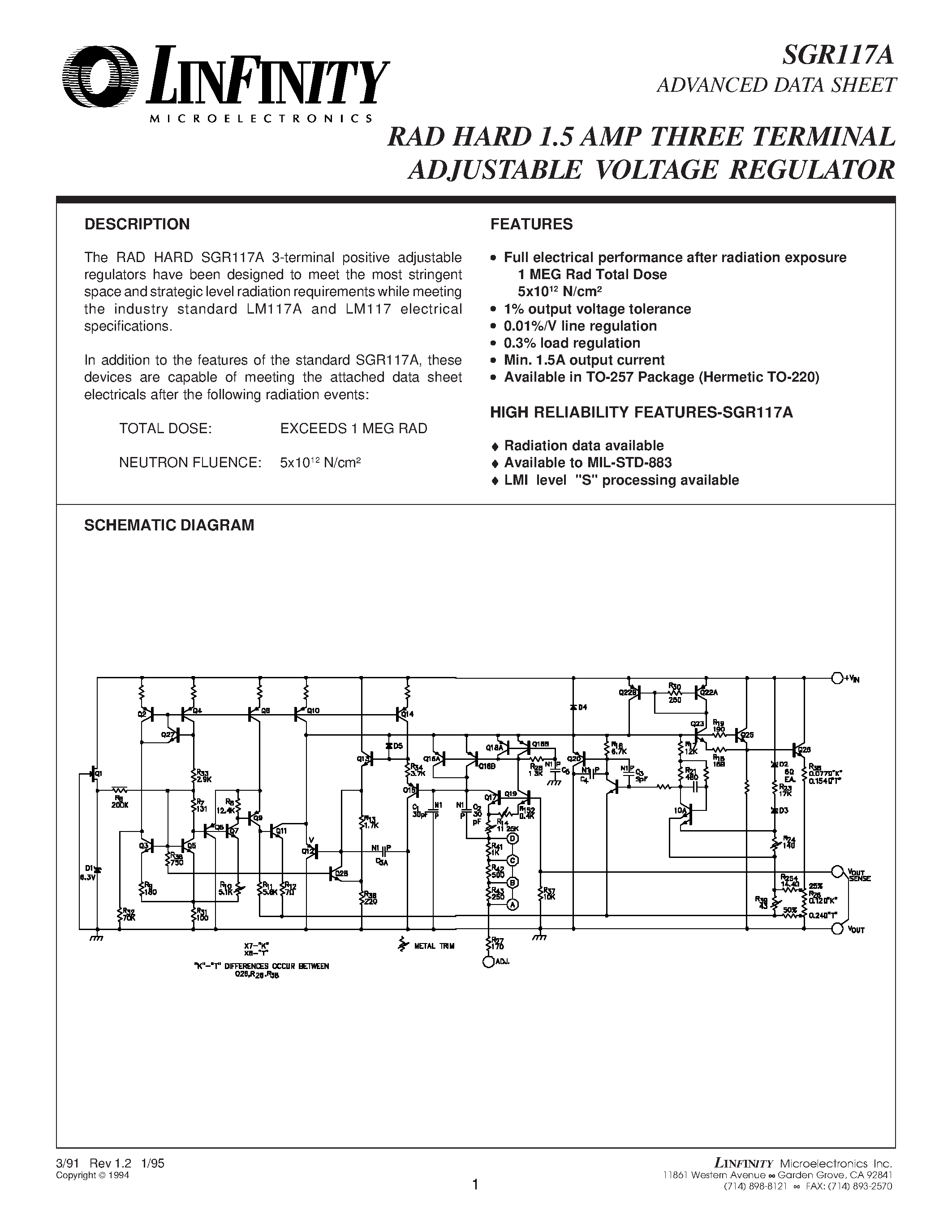 Datasheet SGR117AT - RAD HARD 1.5 AMP THREE TERMINAL ADJUSTABLE VOLTAGE REGULATOR page 1