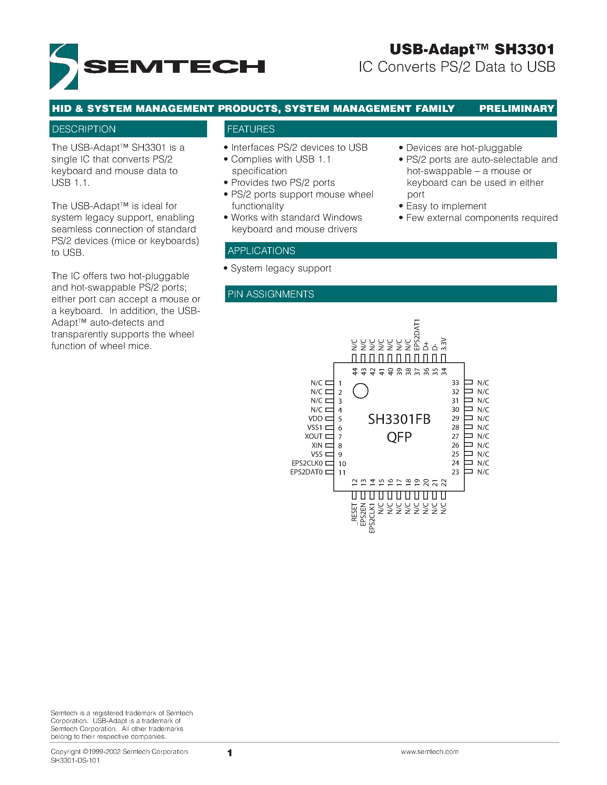 Datasheet SH3301 - USB-Adapt SH3301 IC Converts PS/2 Data to USB page 1