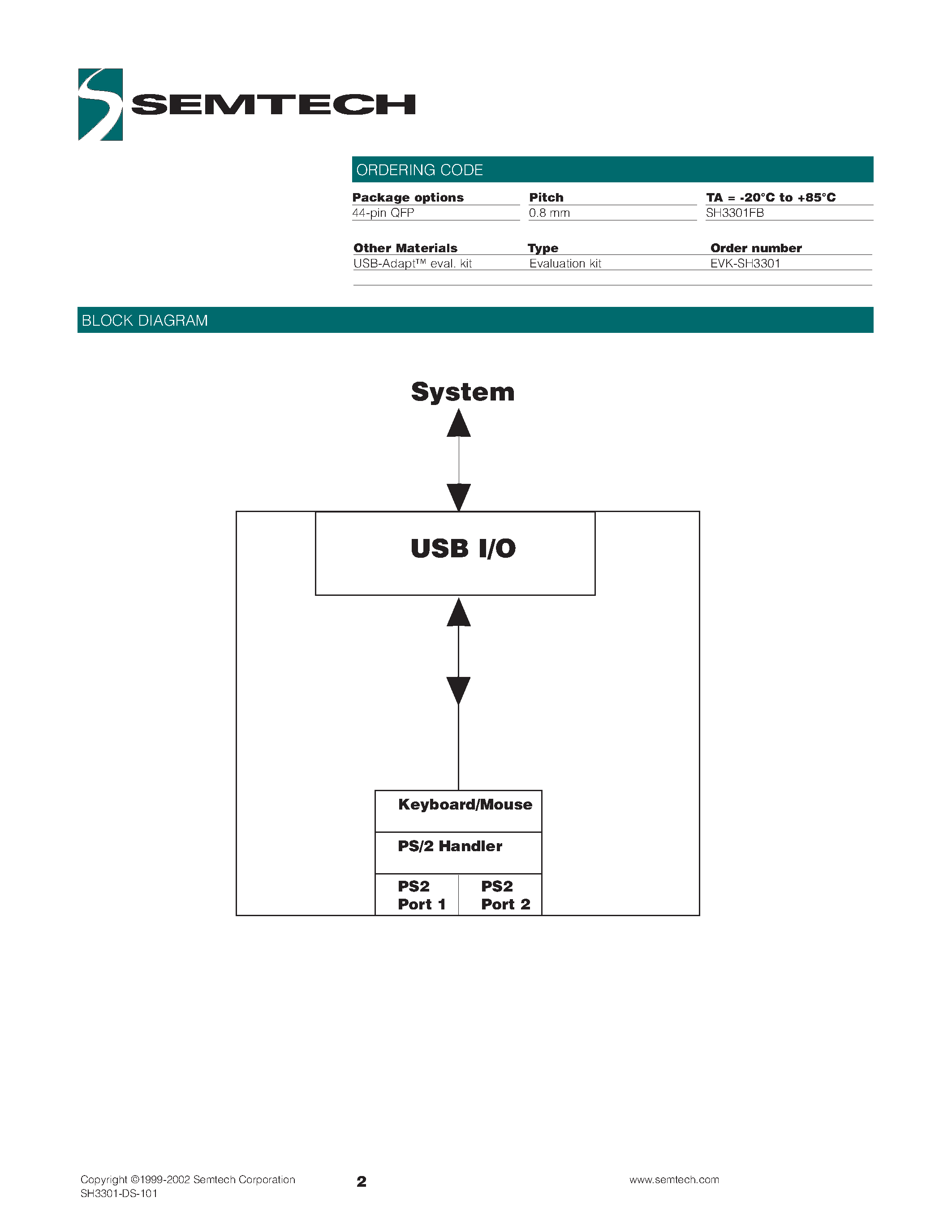 Datasheet SH3301FB - USB-Adapt SH3301 IC Converts PS/2 Data to USB page 2