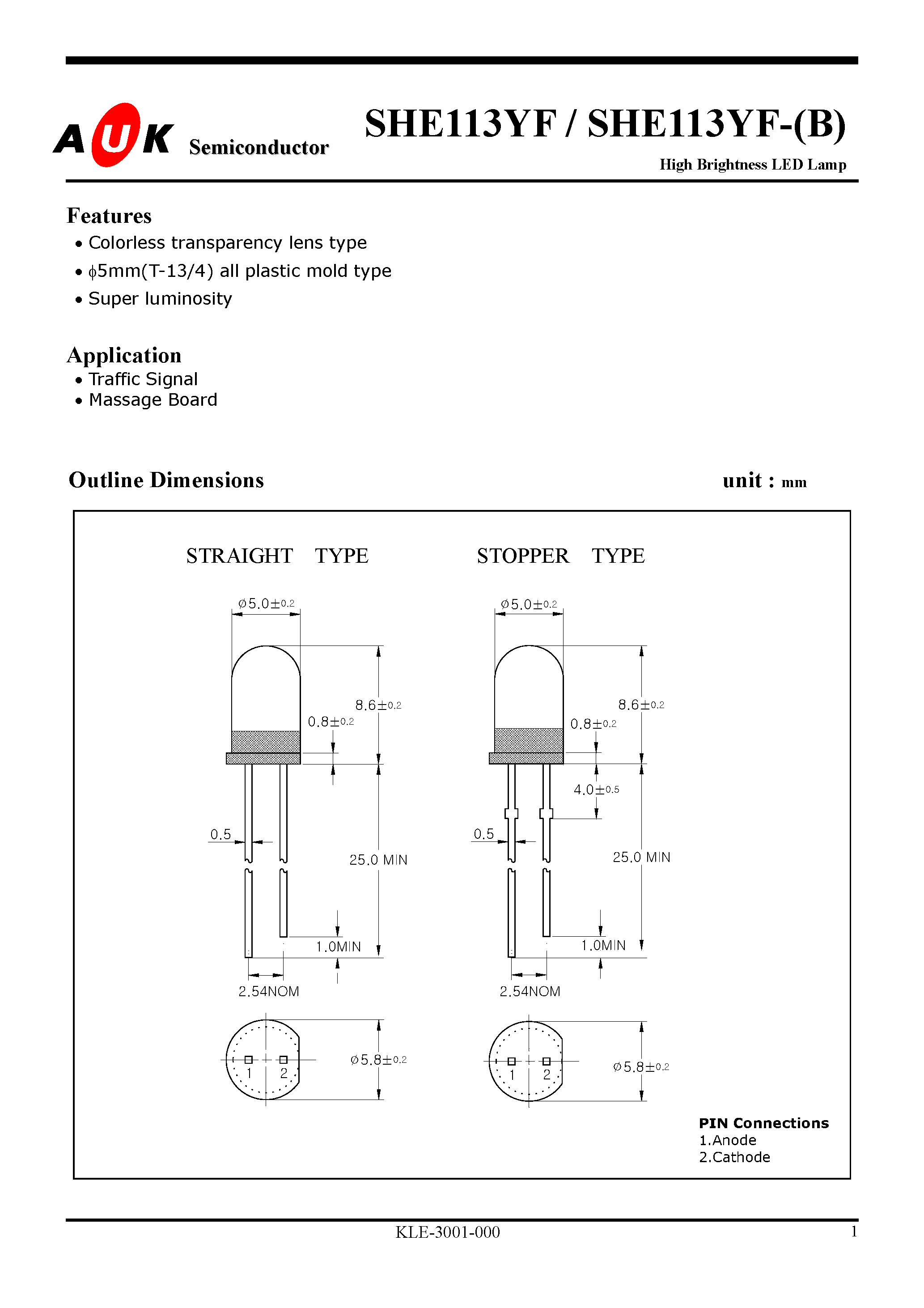 Даташит SHE113YF-(B) - High Brightness LED Lamp страница 1