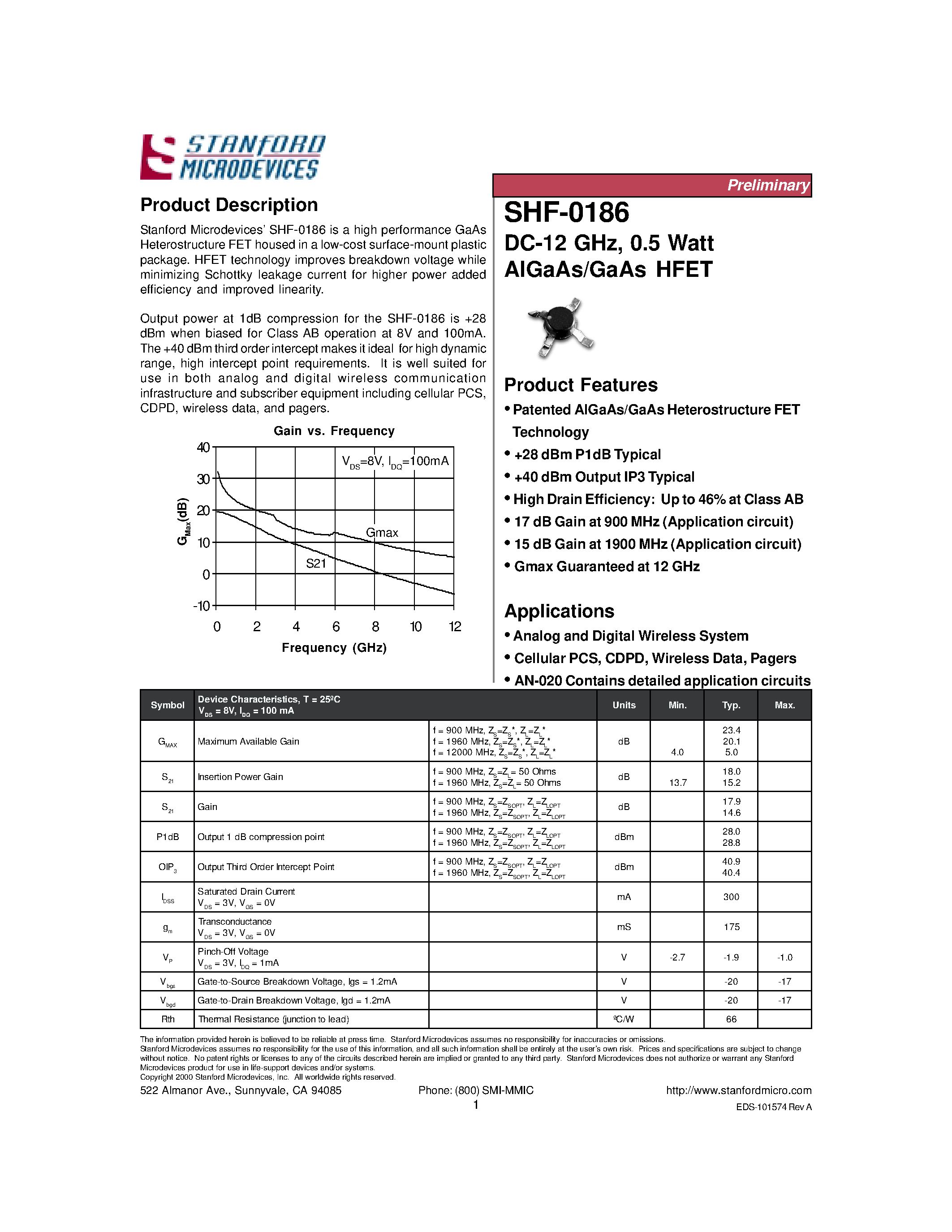 Datasheet SHF-0186 - DC-12 GHz/ 0.5 Watt AlGaAs/GaAs HFET page 1