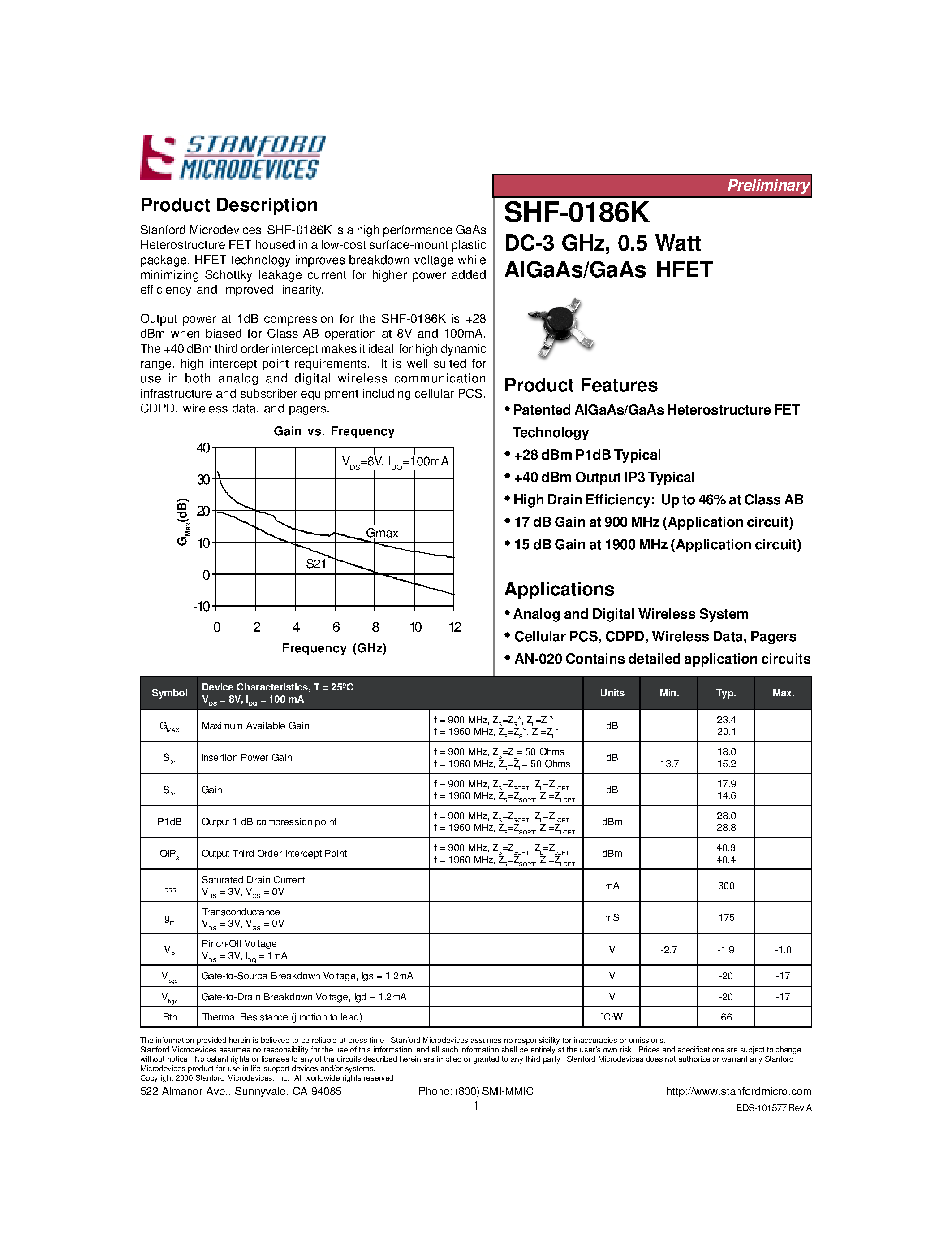 Datasheet SHF-0186K page 1 Datasheet SHF-0186K - DC-3 GHz/ 0.5 Watt AlGaAs/GaAs HFET page 1