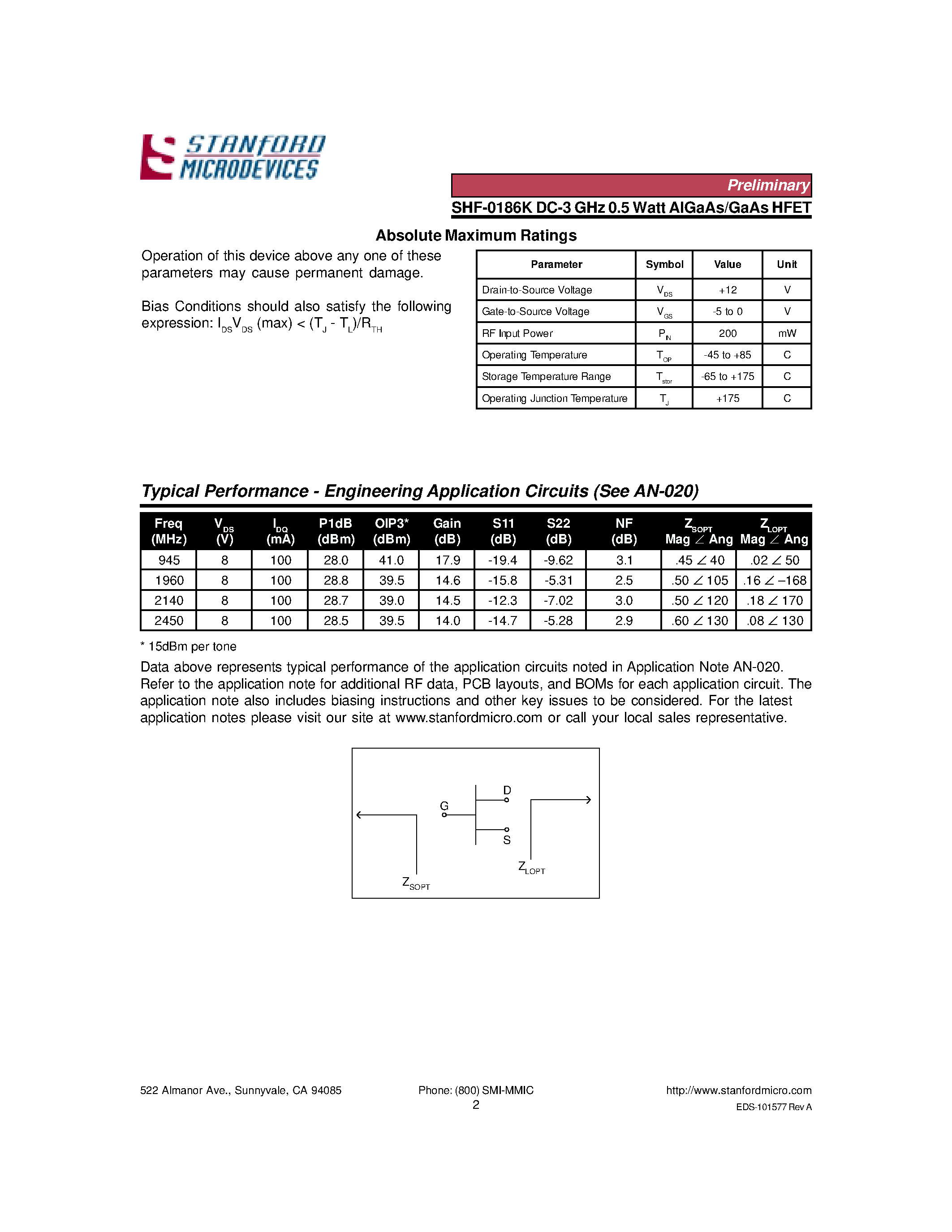 Datasheet SHF-0186K page 2 Datasheet SHF-0186K - DC-3 GHz/ 0.5 Watt AlGaAs/GaAs HFET page 2