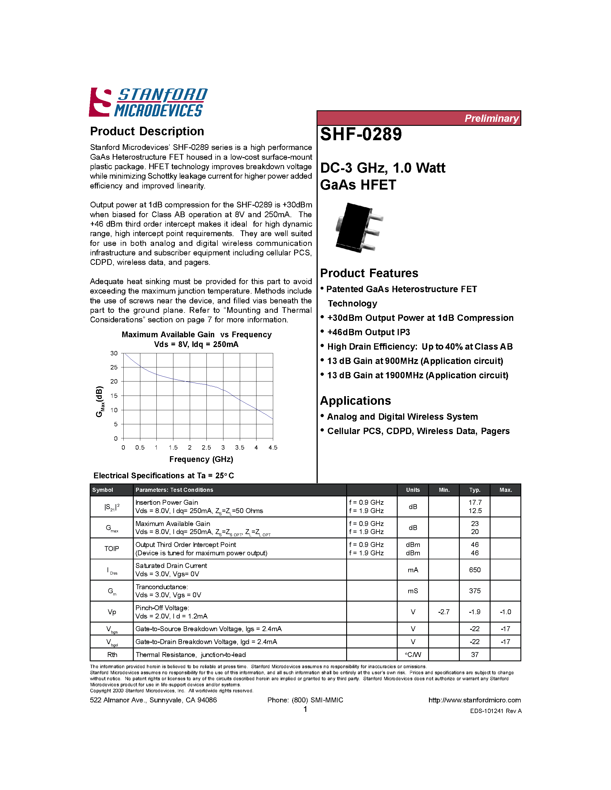 Datasheet SHF-0289 - DC-3 GHz/ 1.0 Watt GaAs HFET page 1
