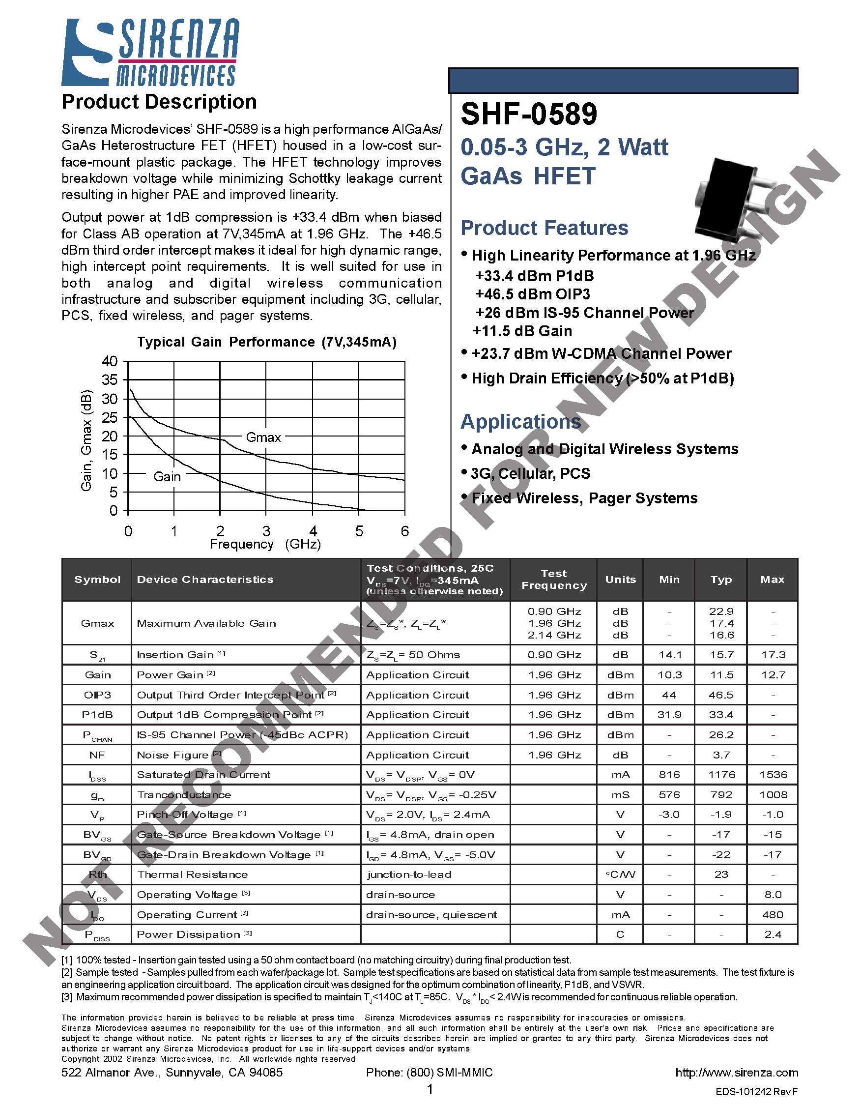 Datasheet SHF-0589 page 1 Datasheet SHF-0589 - 0.05-3 GHz/ 2 Watt GaAs HFET page 1