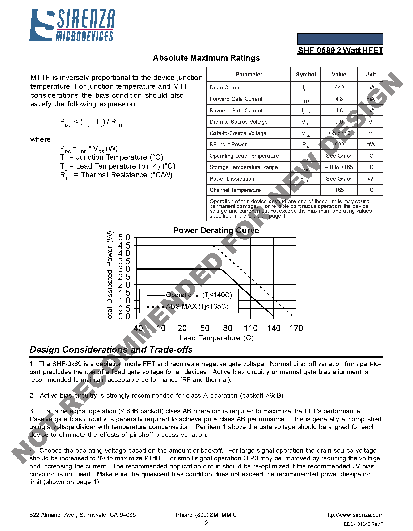 Datasheet SHF-0589 page 2 Datasheet SHF-0589 - 0.05-3 GHz/ 2 Watt GaAs HFET page 2