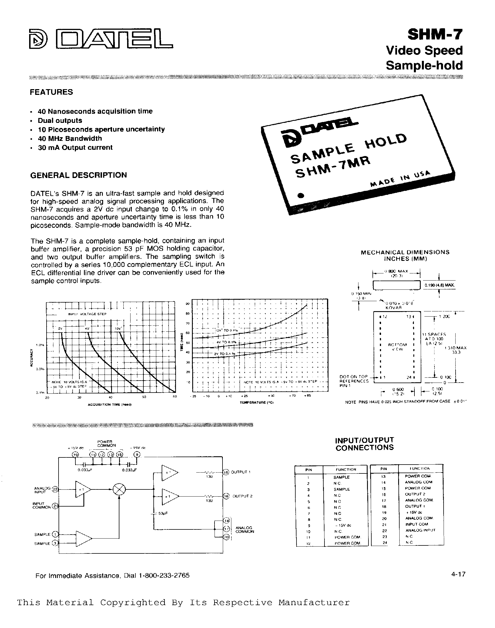 Datasheet SHM-7 - VIDEO SPEED SAMPLE HOLD page 1