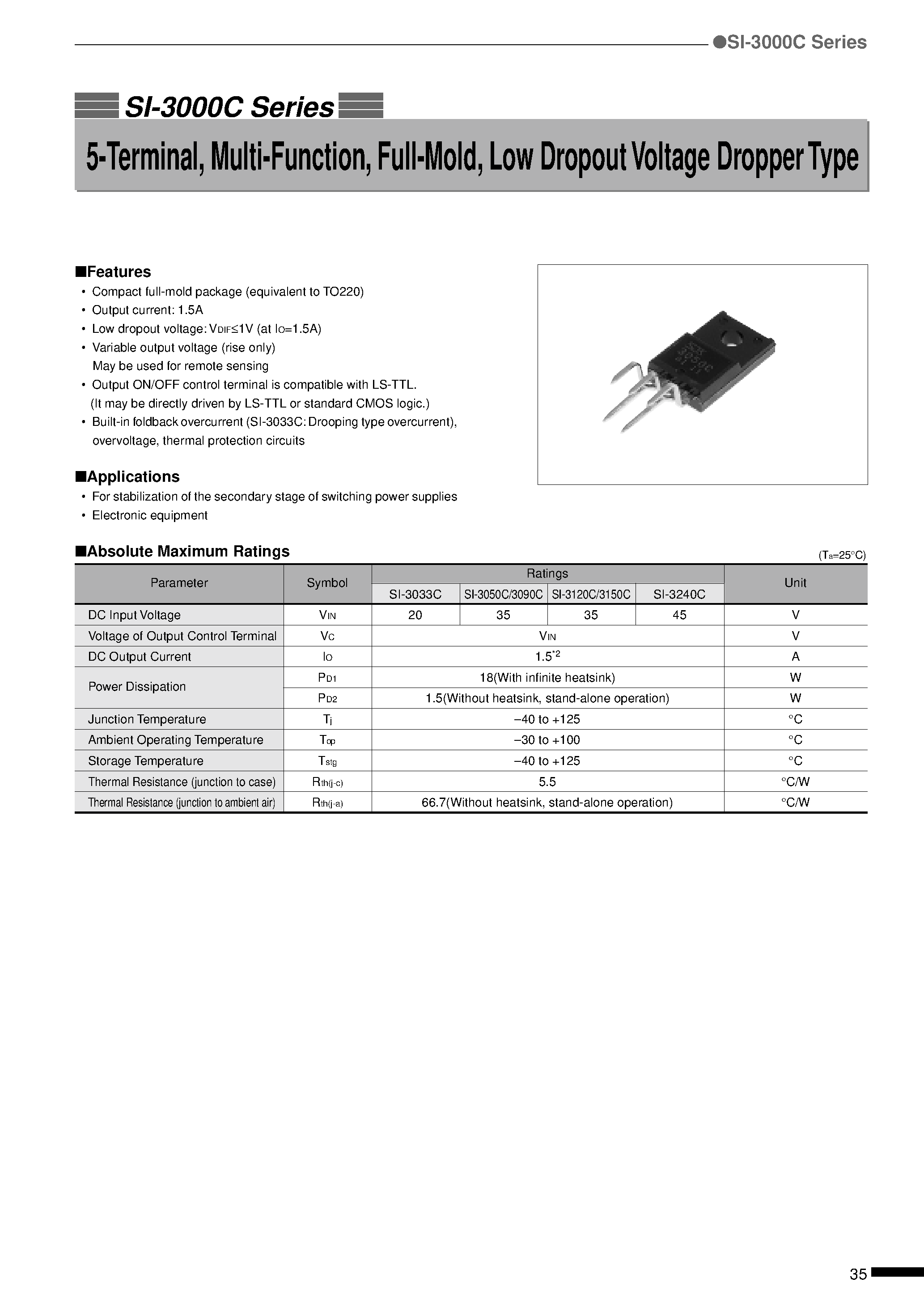 Datasheet SI-3000C - 5-Terminal/ Multi-Function/ Full-Mold/ Low Dropout Voltage Dropper Type page 1