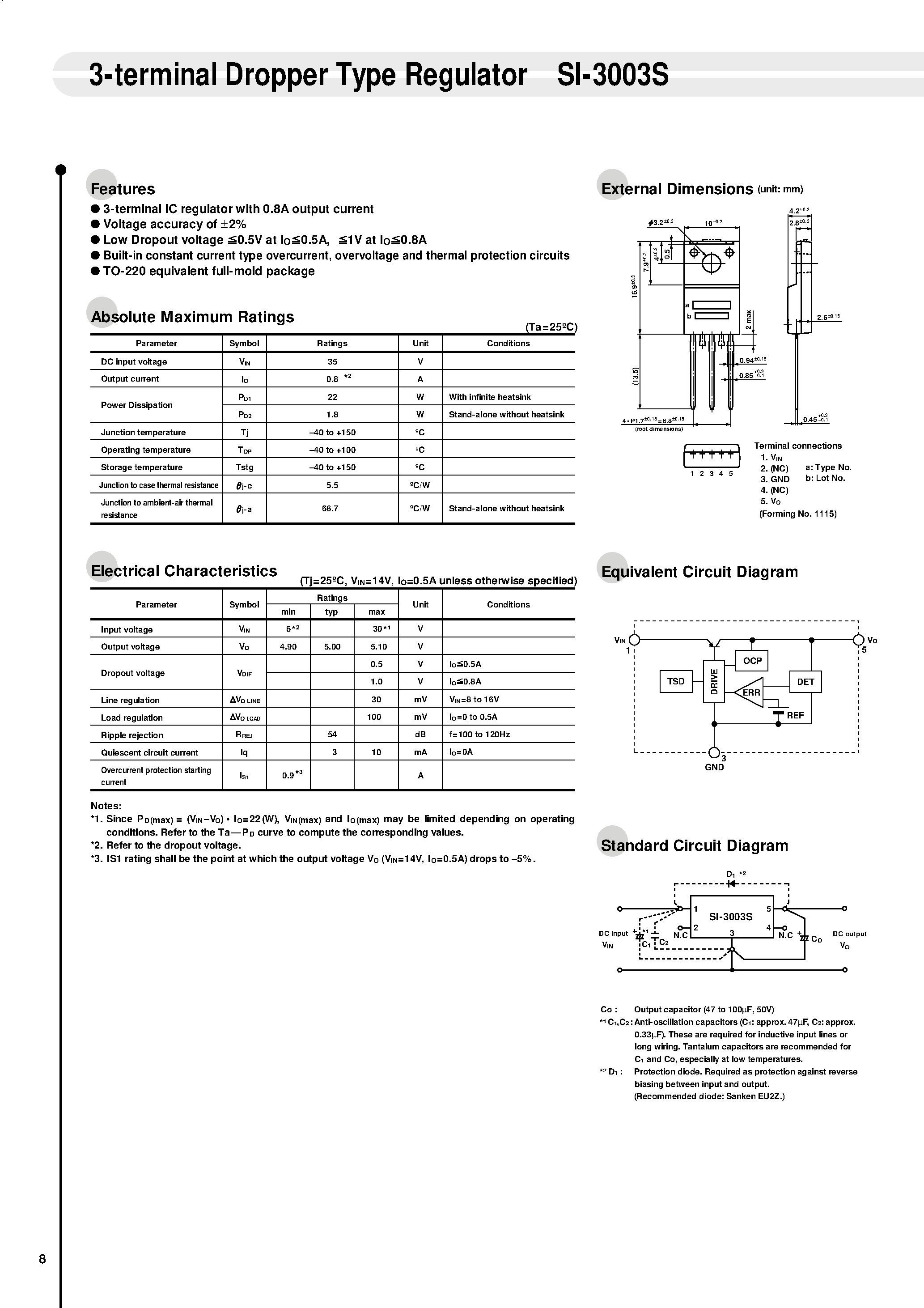 Datasheet SI-3003 - 3-terminal Dropper Type Regulator page 1