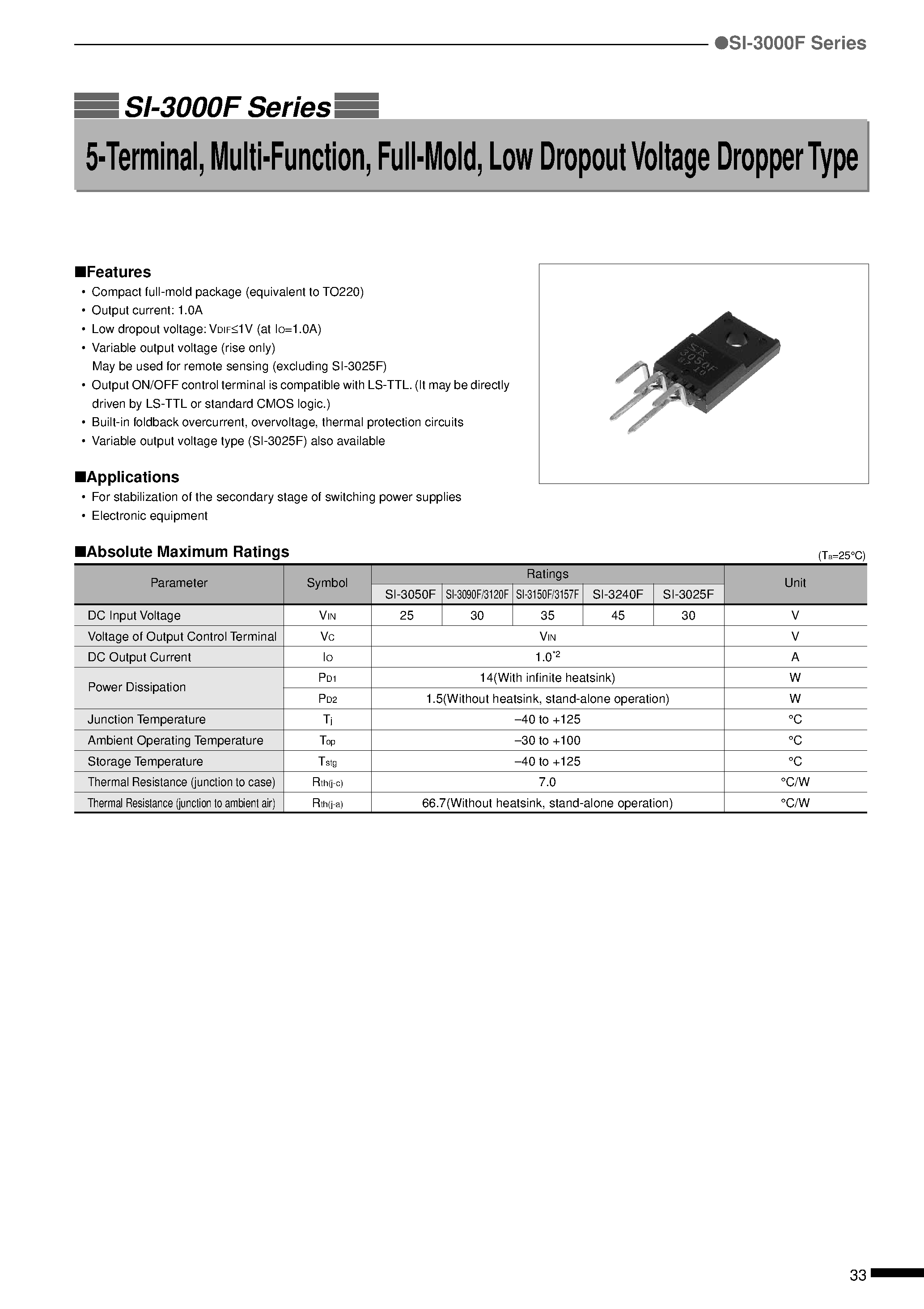 Datasheet SI-3025F - 5-Terminal/ Multi-Function/ Full-Mold/ Low Dropout Voltage Dropper Type page 1