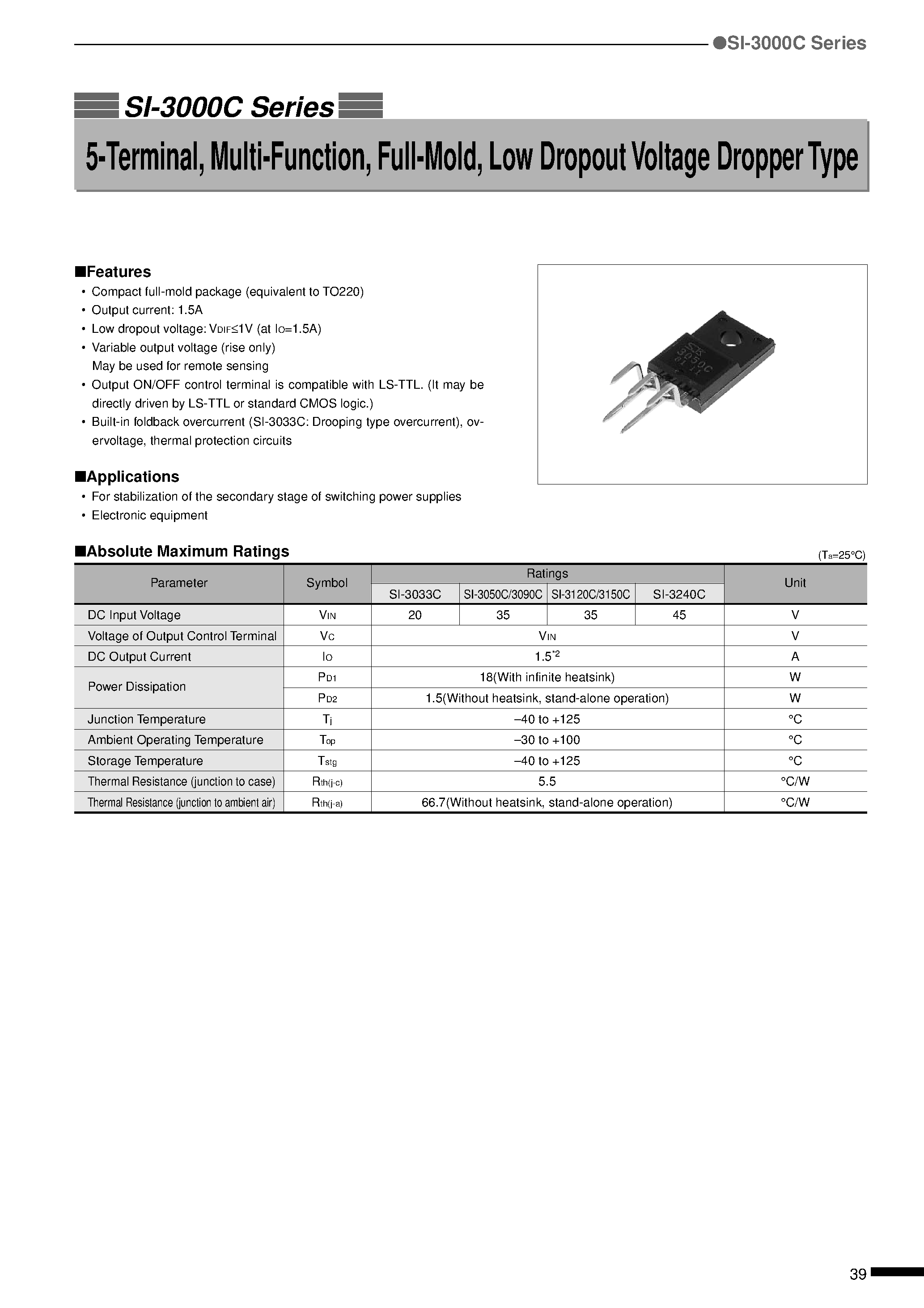 Datasheet SI-3050C page 1 Datasheet SI-3050C - 5-Terminal/ Multi-Function/ Full-Mold/ Low Dropout Voltage Dropper Type page 1